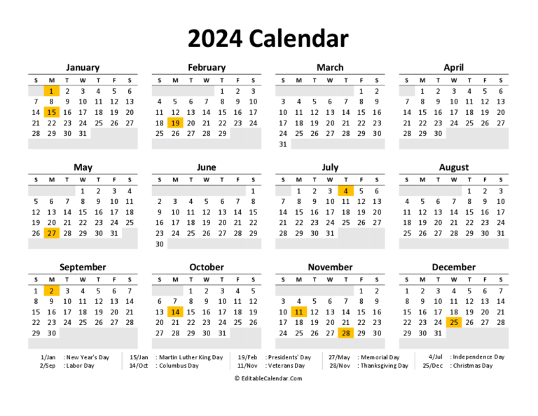 Download Printable Calendar 2024 Free PDF Version 