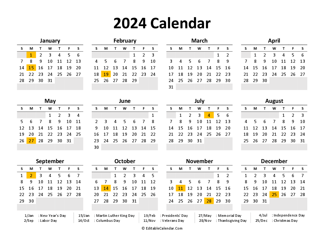 Download Printable Calendar 2024 Free PDF Version
