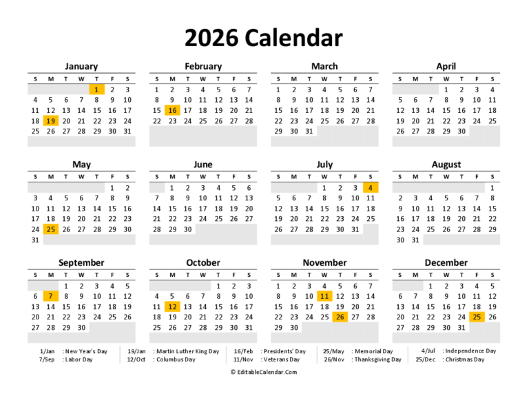 Download Printable Calendar 2026 Free Word Version 