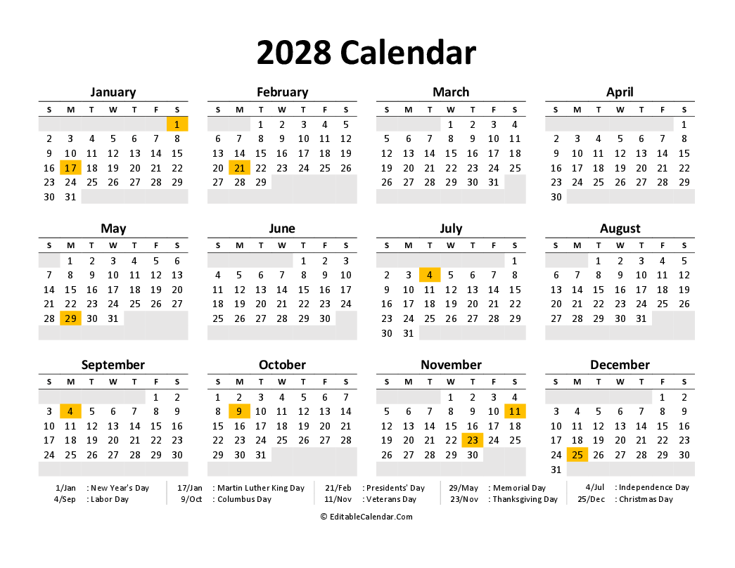 Download Printable Calendar 2028 Free PDF Version 