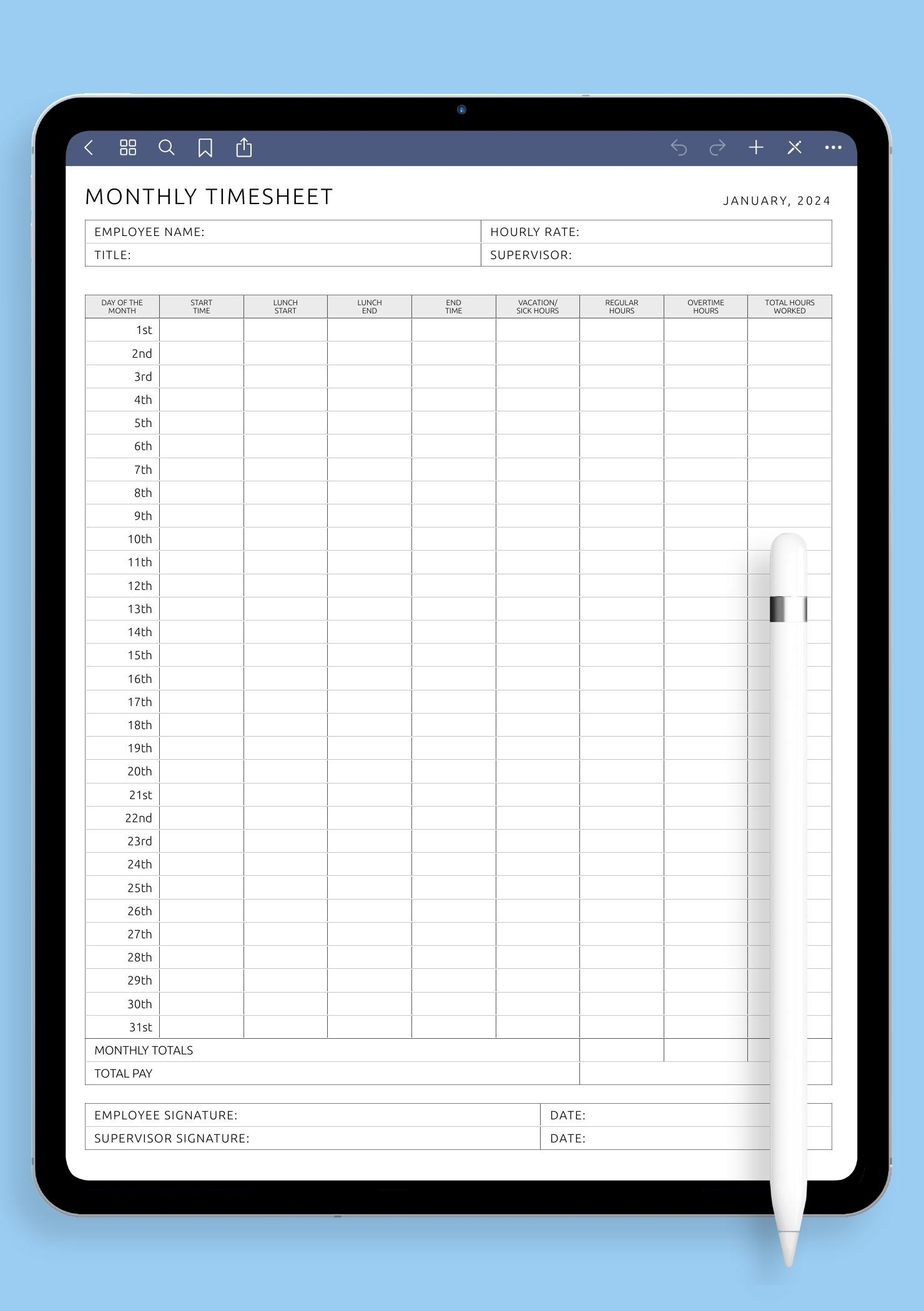 Download Printable Monthly Timesheet Template PDF