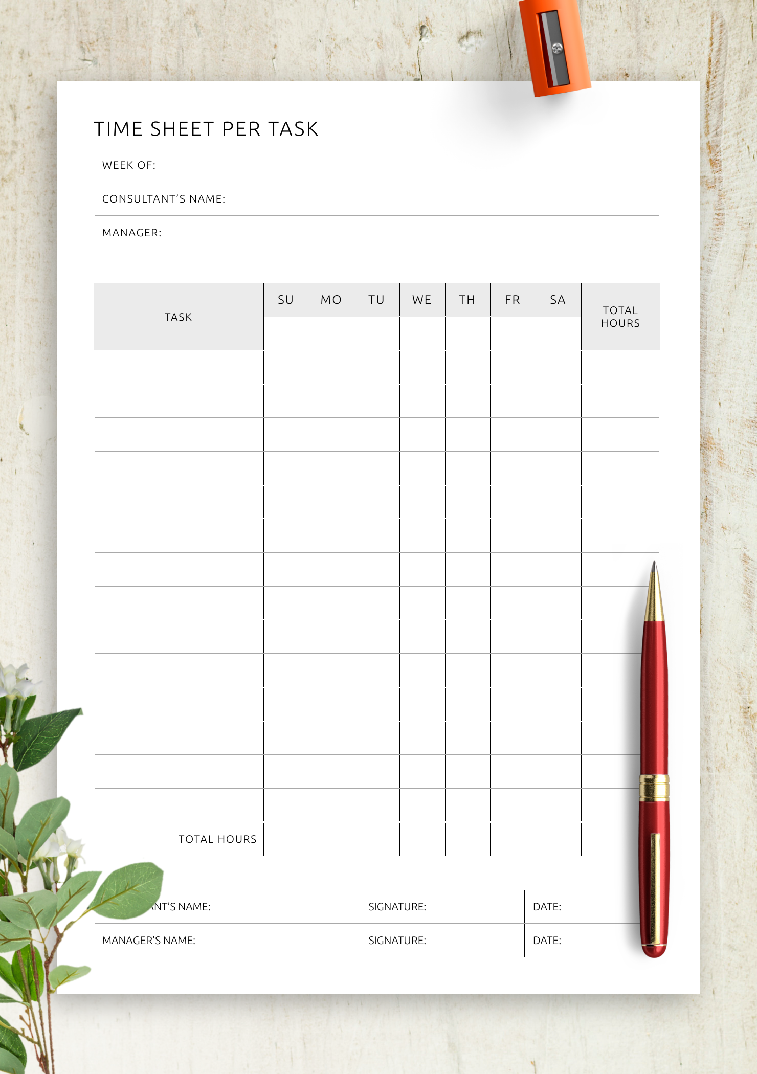 Download Printable Time Sheet Per Task PDF