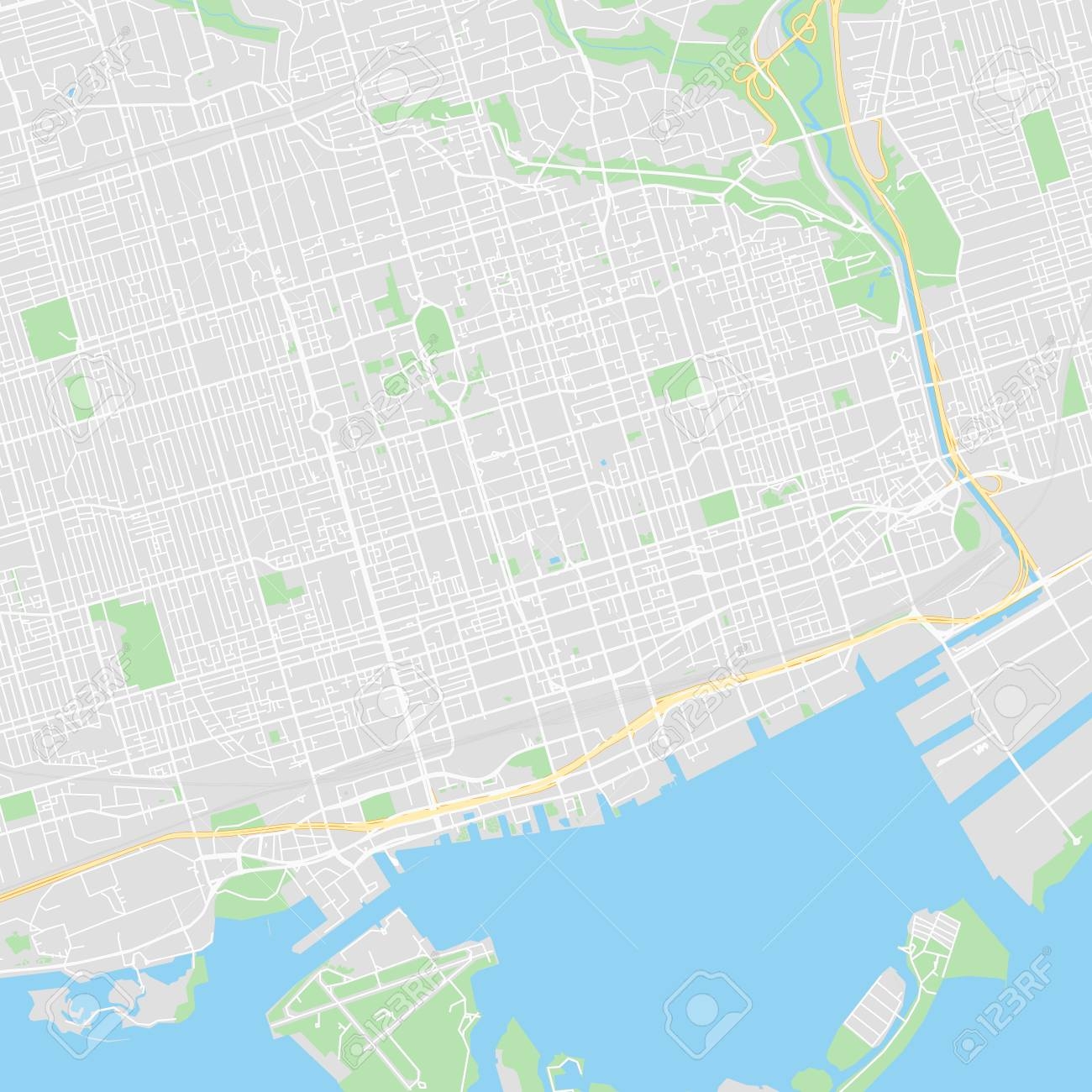 Downtown Vector Map Of Toronto Canada This Printable Map Of Toronto Contains Lines And Classic Colored Shapes For Land Mass Parks Water Major And Minor Roads As Such As Major Rail Tracks 
