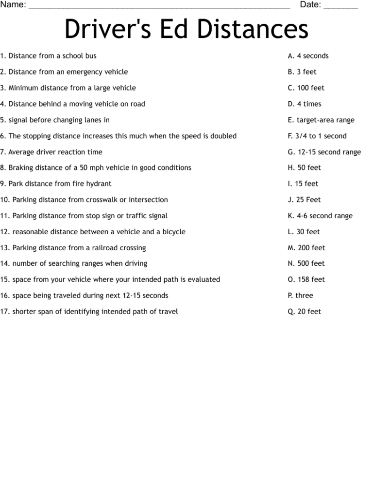 Driver s Ed Distances Worksheet WordMint