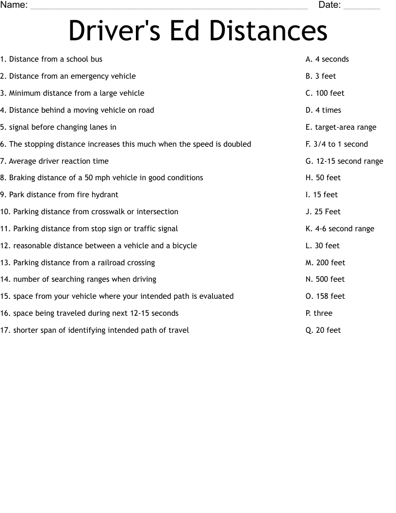 Driver s Ed Distances Worksheet WordMint