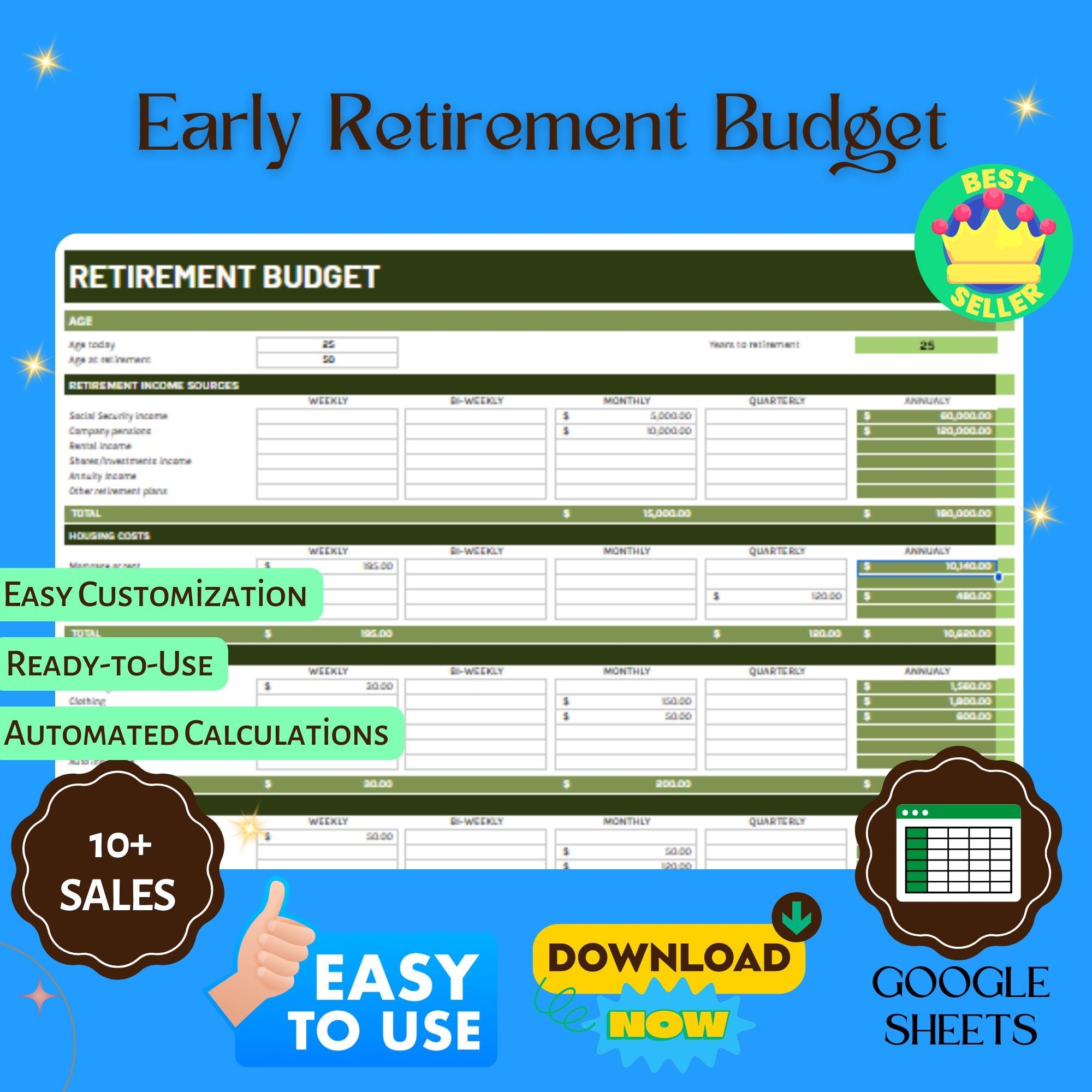 Early Retirement Budget Template Editable Google Sheets For Financial Planning Income Expense Tracker Investment Analysis Etsy