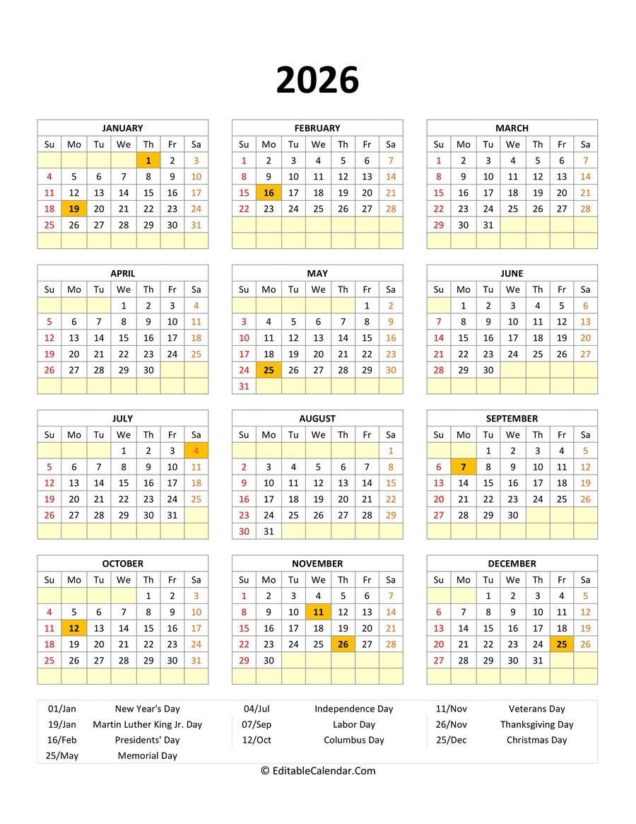 Printable And Editable Calendar 2026
