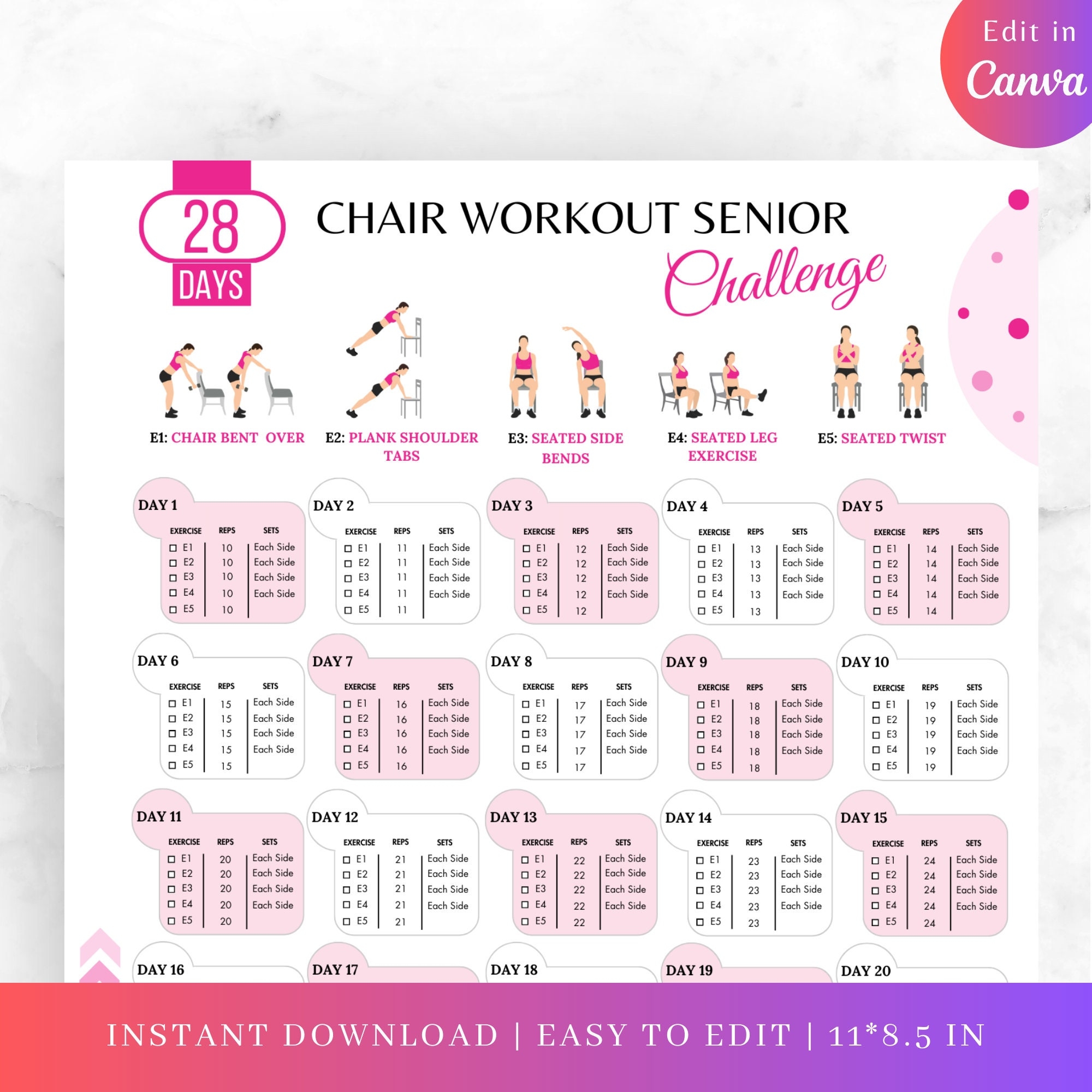 Editable 28 DAYS Chair Workout Seniors Challenge Chair Workout Seniors 28 Days Challenge Digital Product Fitness Chair Yoga Seniors Etsy