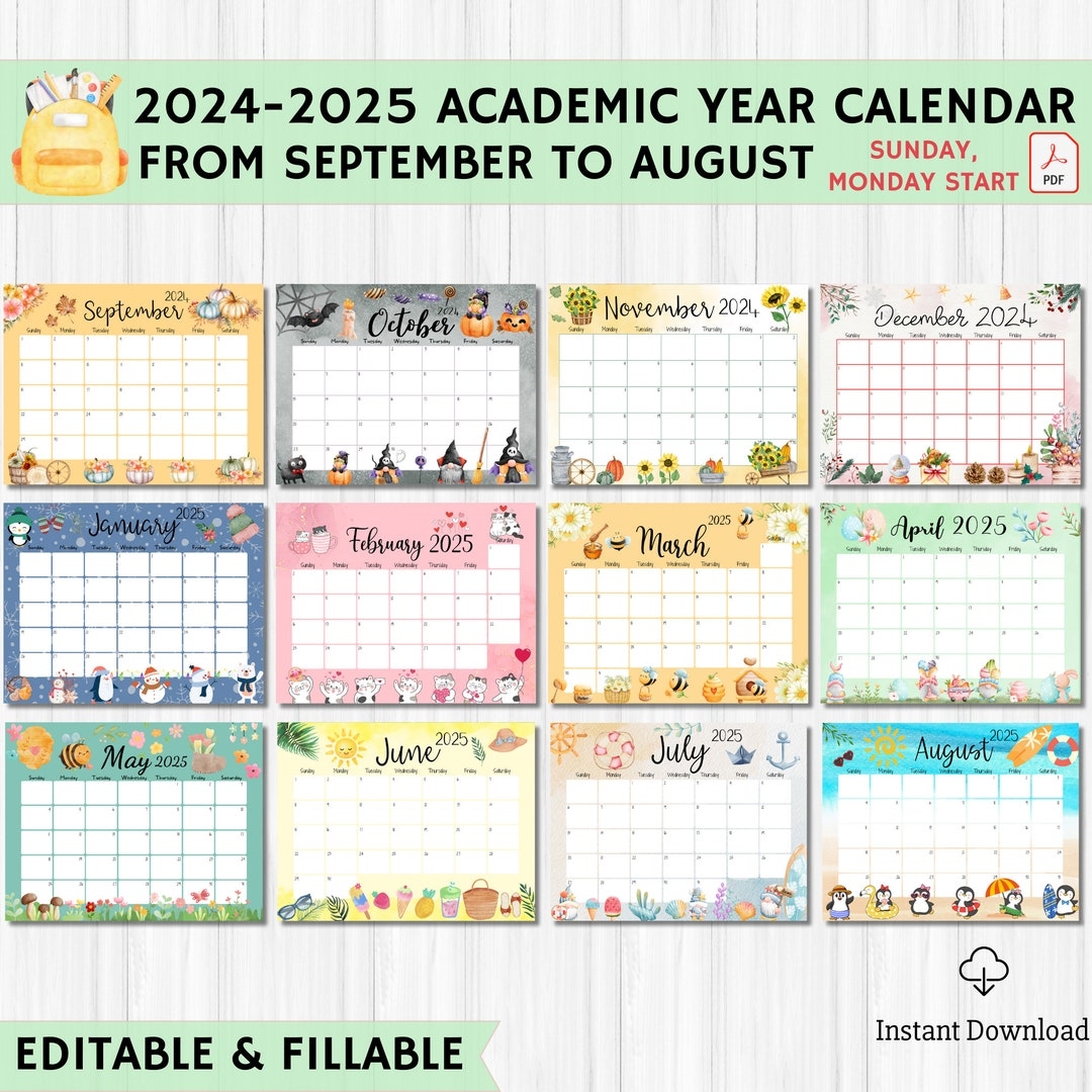 EDITABLE Academic Calendar 2024 2025 From September To August Printable Fillable Planner Monthly Kids Schedule Homeschool Calendar Etsy
