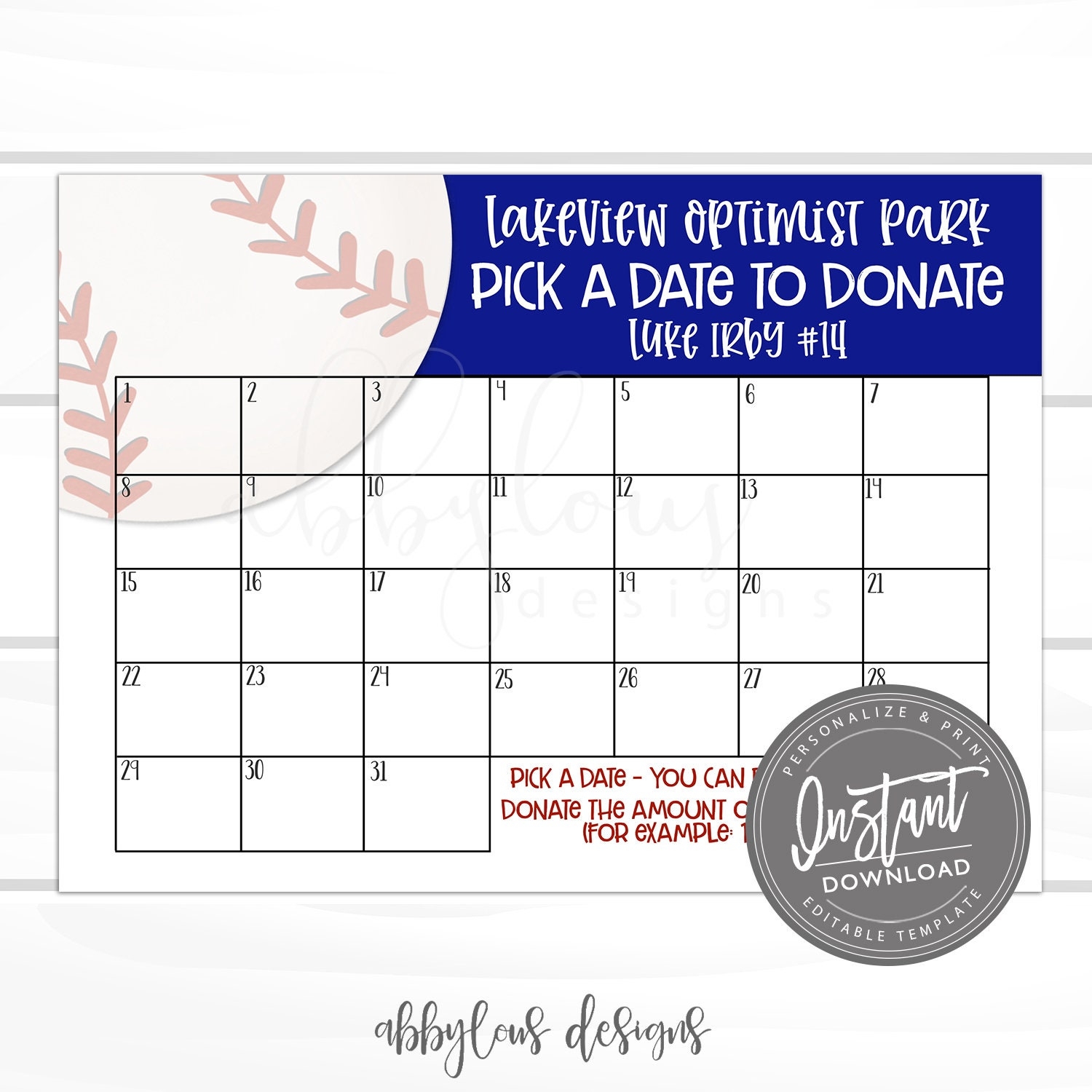 EDITABLE Baseball Fundraiser Calendar Pick A Date To Donate Printable Sports Fundraiser Editable File Digital Template Access Now Etsy