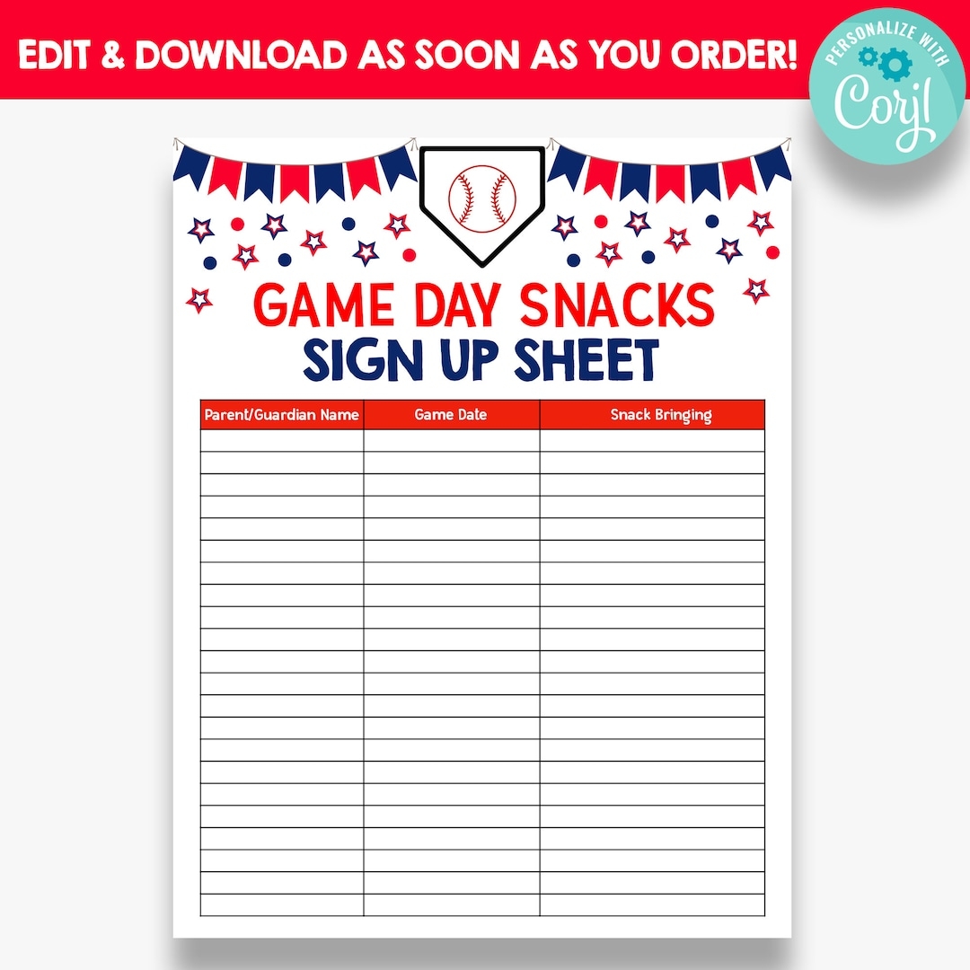 EDITABLE Baseball Snack Sign Up Sheet Game Day Snacks Sign Up Printable Baseball Volunteer Form Snack Sign Up Sheet Etsy UK