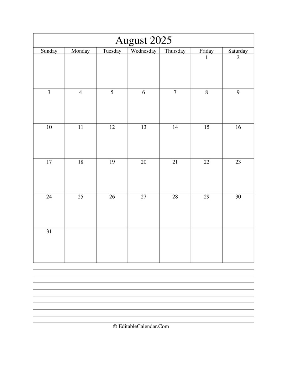 Editable Calendar August 2025