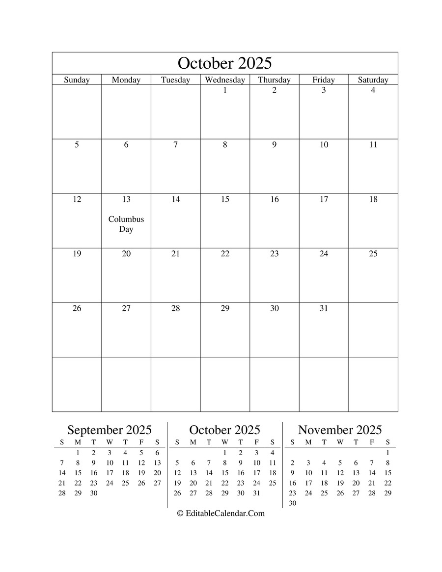 Editable Calendar October 2025