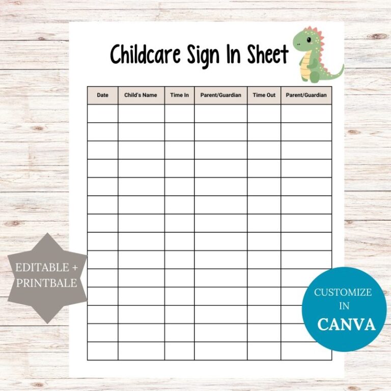 Editable Childcare Sign In Sheet Printable