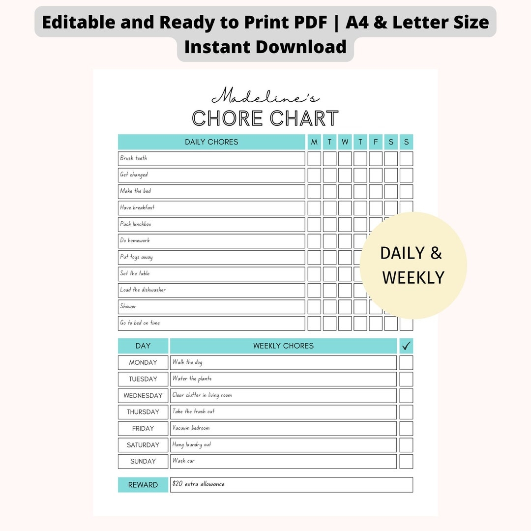 EDITABLE Daily Weekly Chore Chart For Teens Kids Chore Chart Simple Teens Reward Chore Chart Printable And Editable Instant Download Etsy
