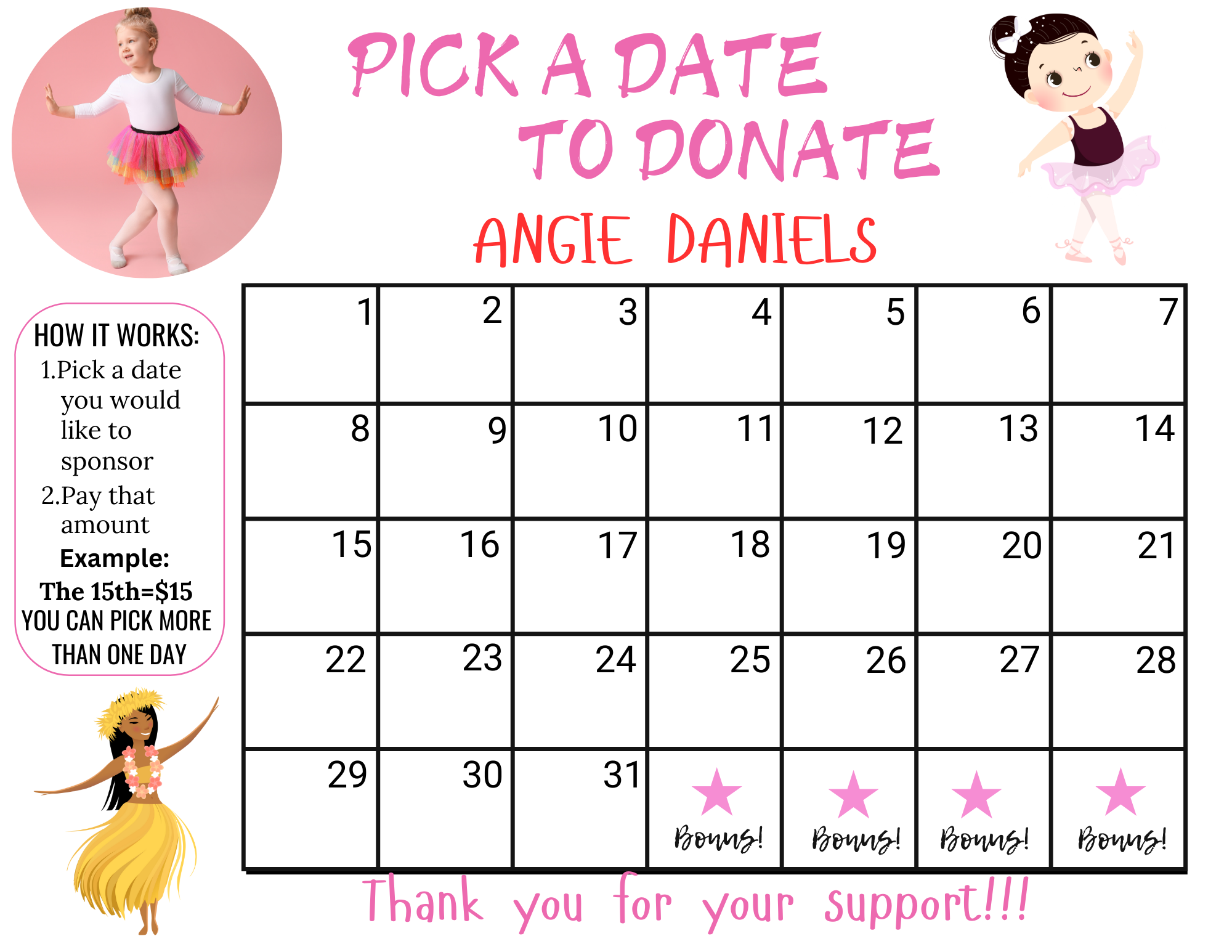 Editable Dance Pick A Date To Donate Calendar Fundraiser Printable