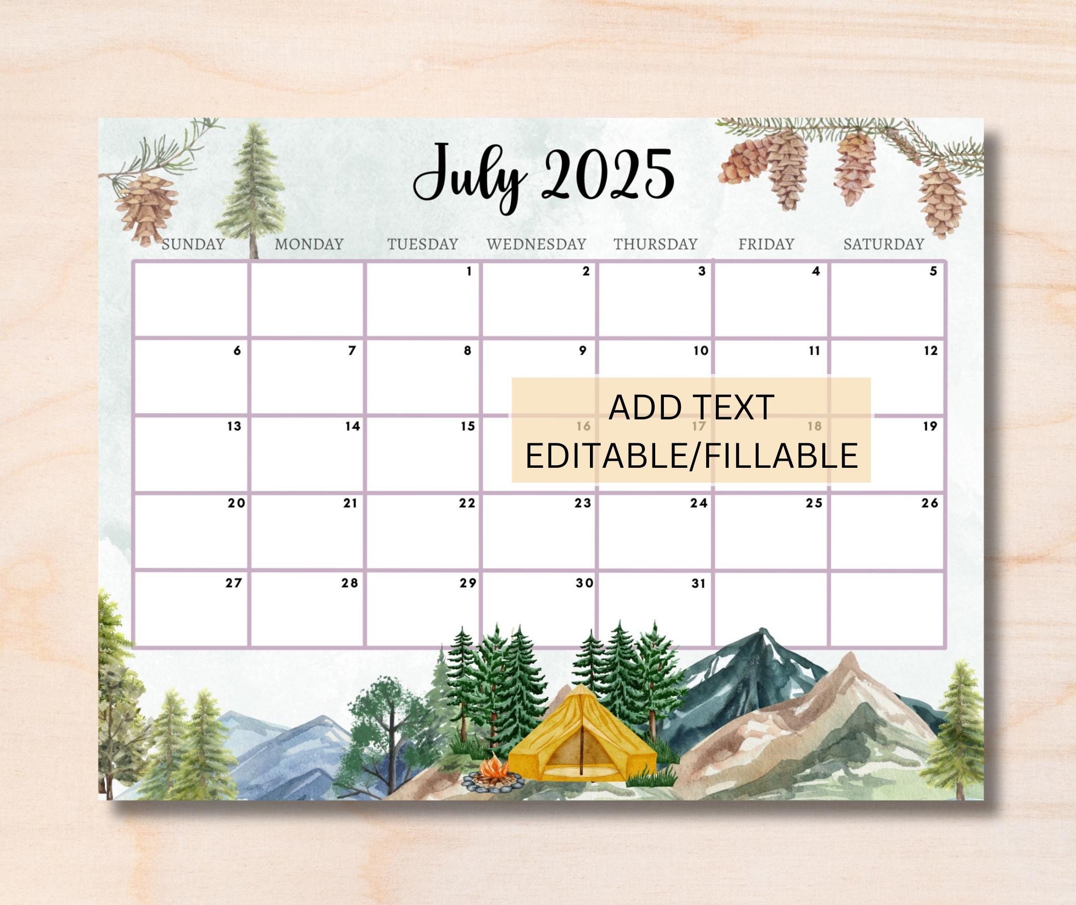 EDITABLE July 2025 Calendar Printable Fillable Monthly Planner 