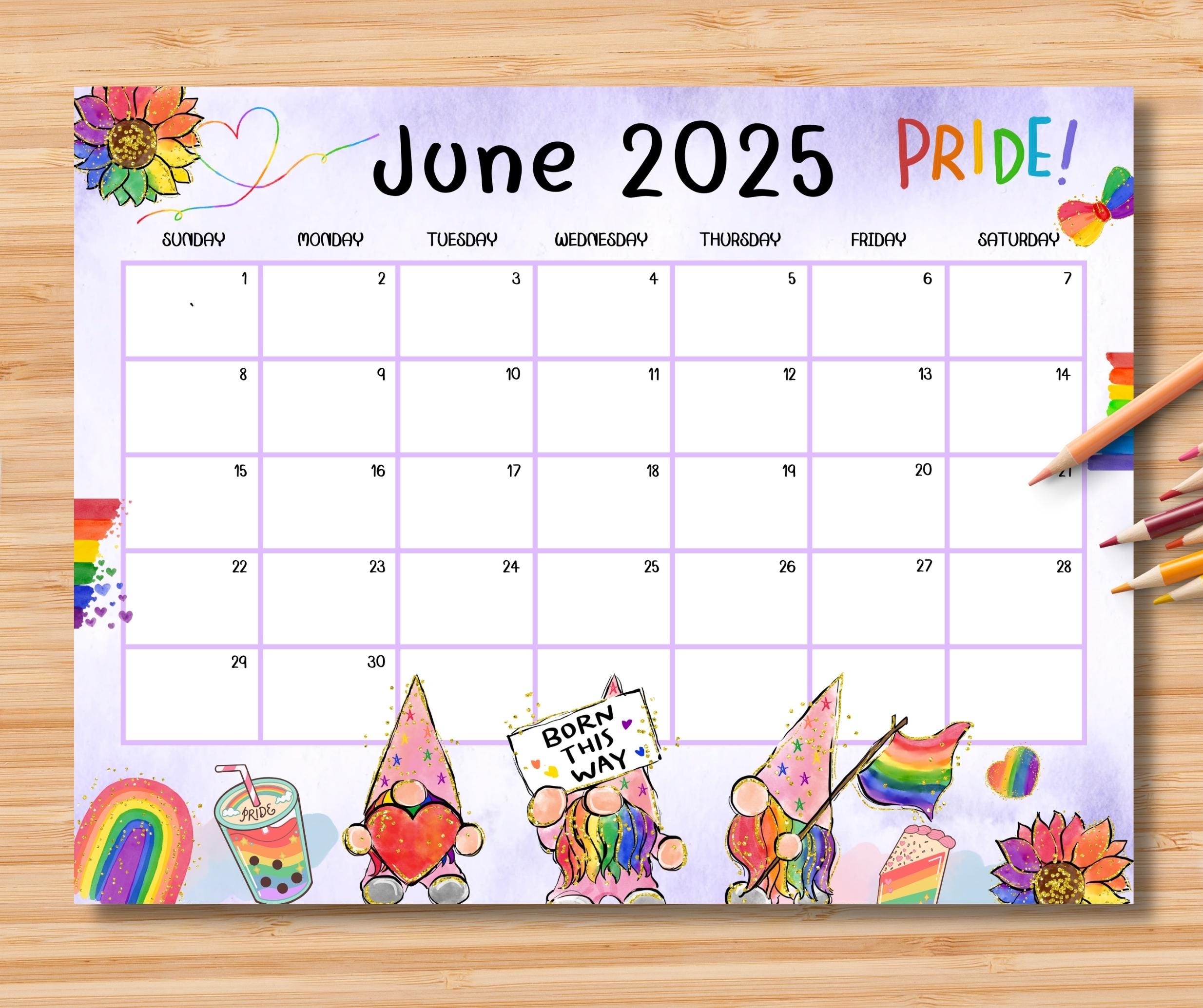 EDITABLE June 2025 Calendar LGBT Pride Month Planner W Rainbow Gnomes Printable Monthly Calendar For Office Home U0026 Work Instant Download Etsy