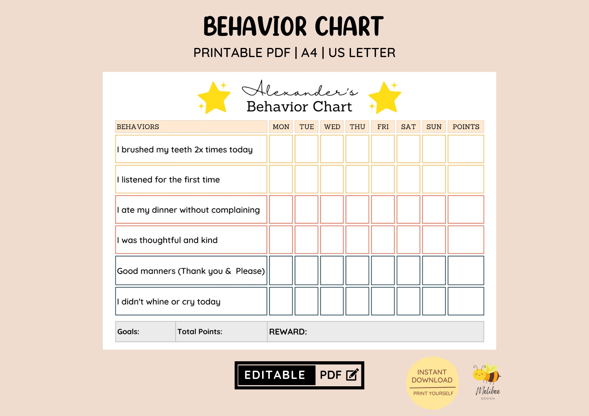 EDITABLE Kid s Behavior Chart Printable Points Reward Chart EDITABLE Kid s Behavior Chart Printable Points Reward Chart