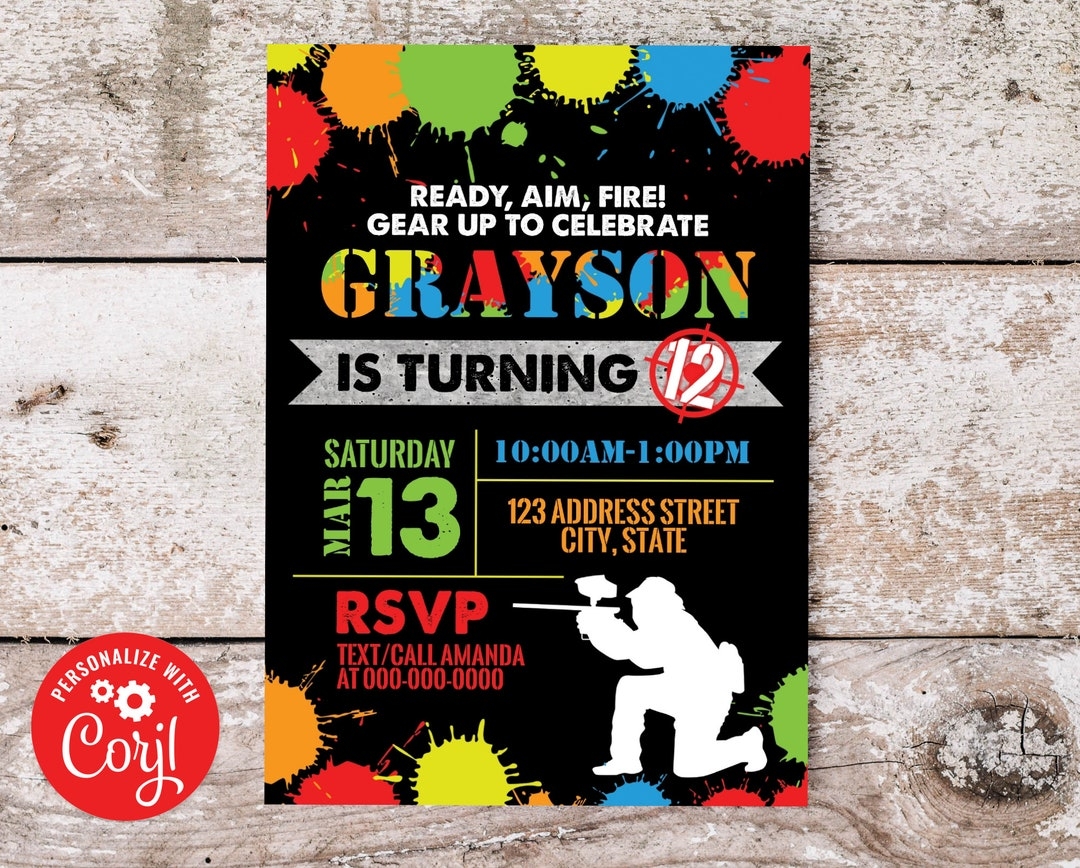 Editable Paintball Birthday Invitation Paint Ball Invitation 