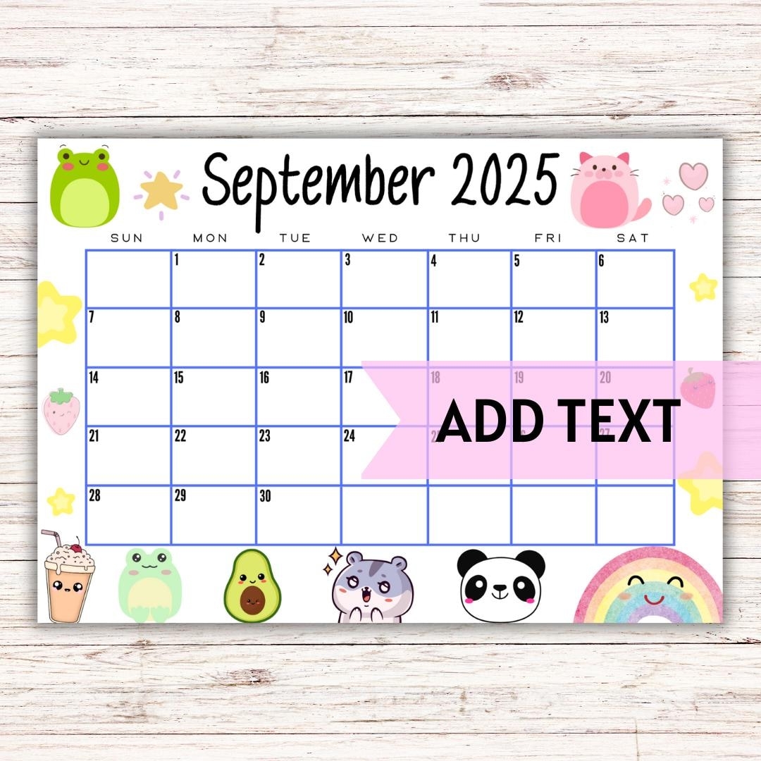 EDITABLE Printable September Calendar 2025 Cute Kid s Kawaii September Calendar W Boba Tea Printable Wall Calendar 2025 Etsy