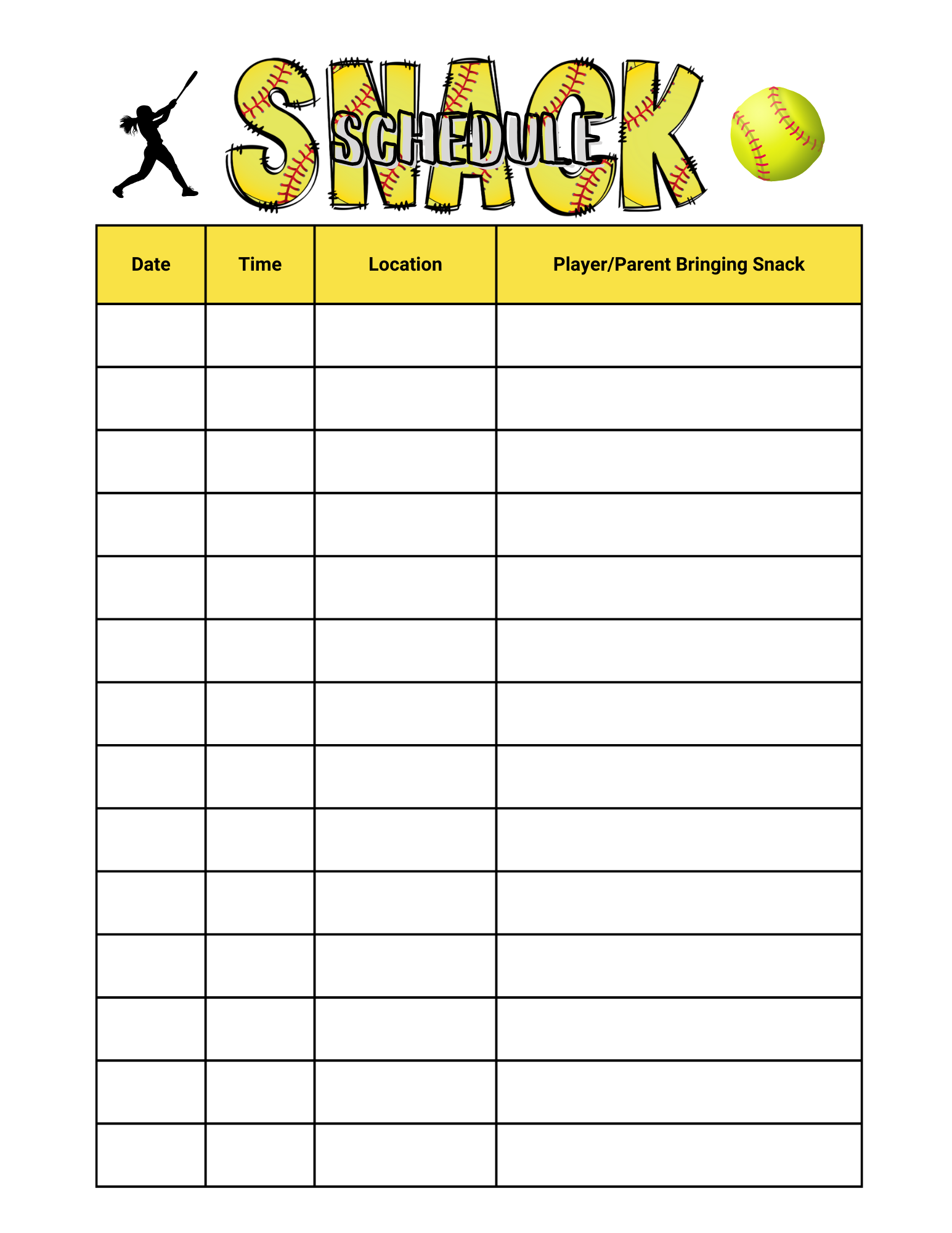 Editable Softball Snack Sign Up Sheet Printable