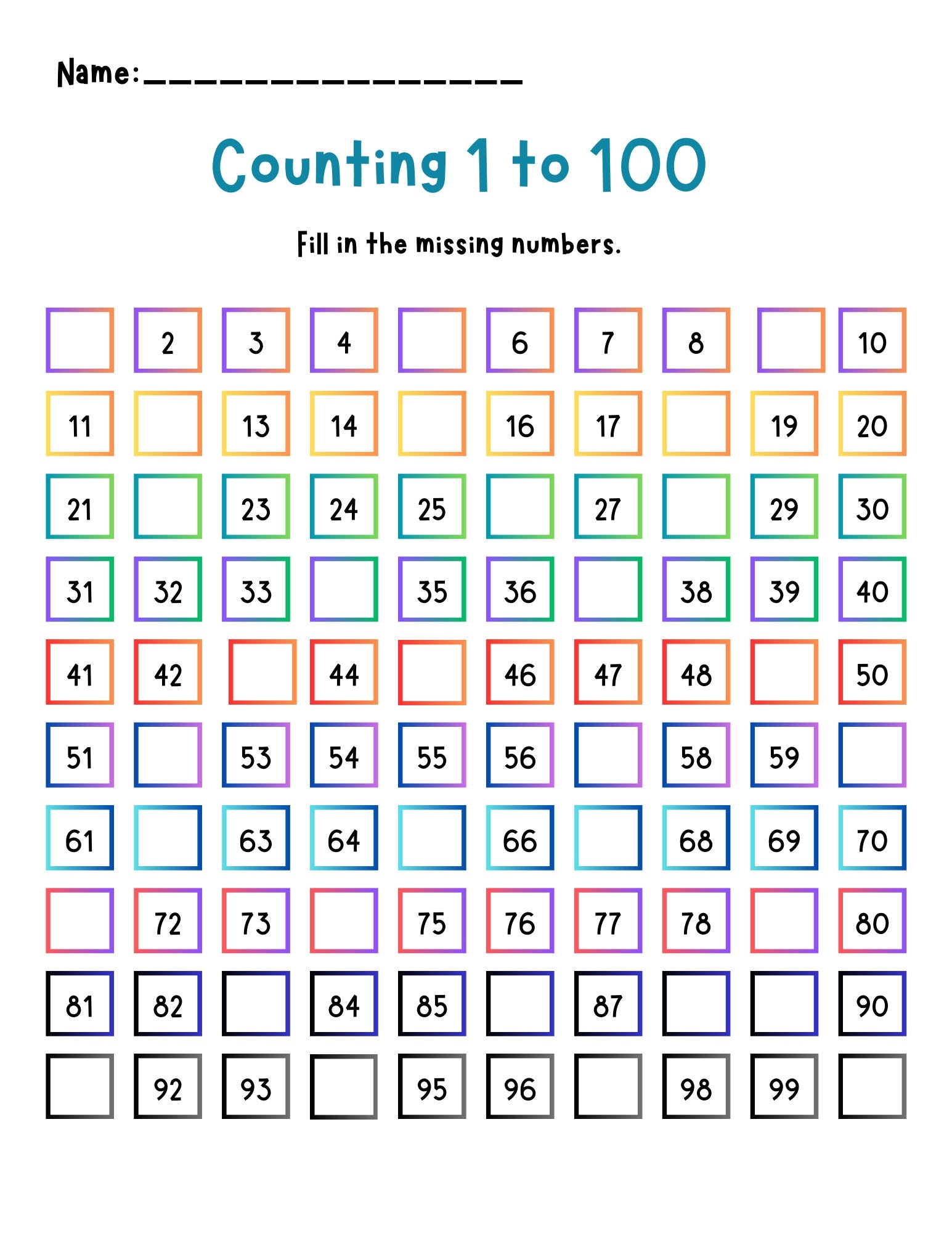 Educational 1 To 100 Counting Worksheet Missing Numbers Practice Etsy