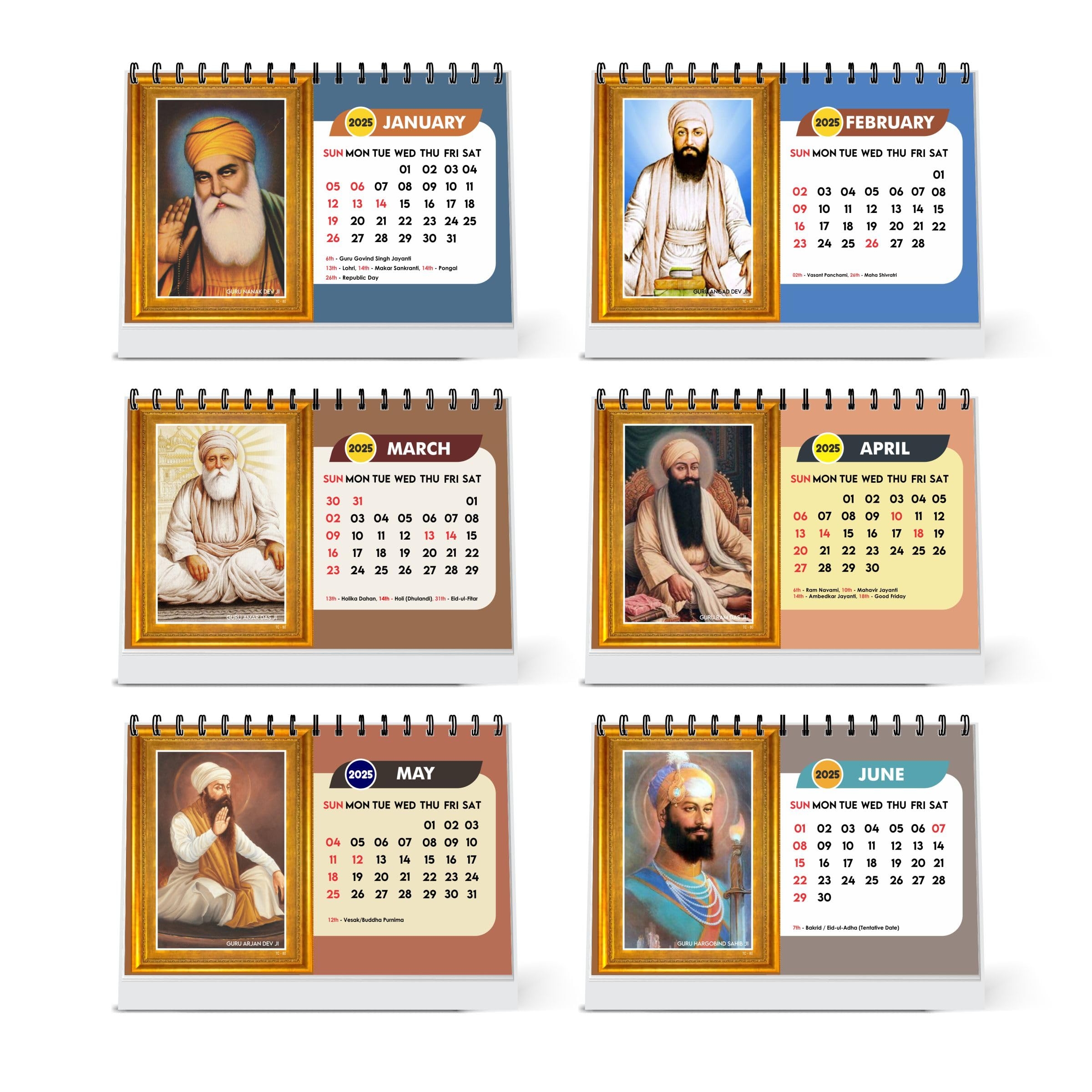 ESCAPER Sikh Calendar 2025 Desk Sikhism Calendar 2025 Sikh Guru Photos Calendar 2025 Guru Nanak Photo Calendar Guru Govind Singh Calendar 2025 Sikh God Photo Calendar Sikh Gurus 2 Qty Amazon in Office Products