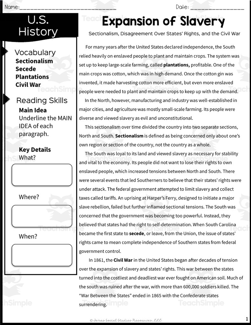 Free Printable Slavery Worksheets
