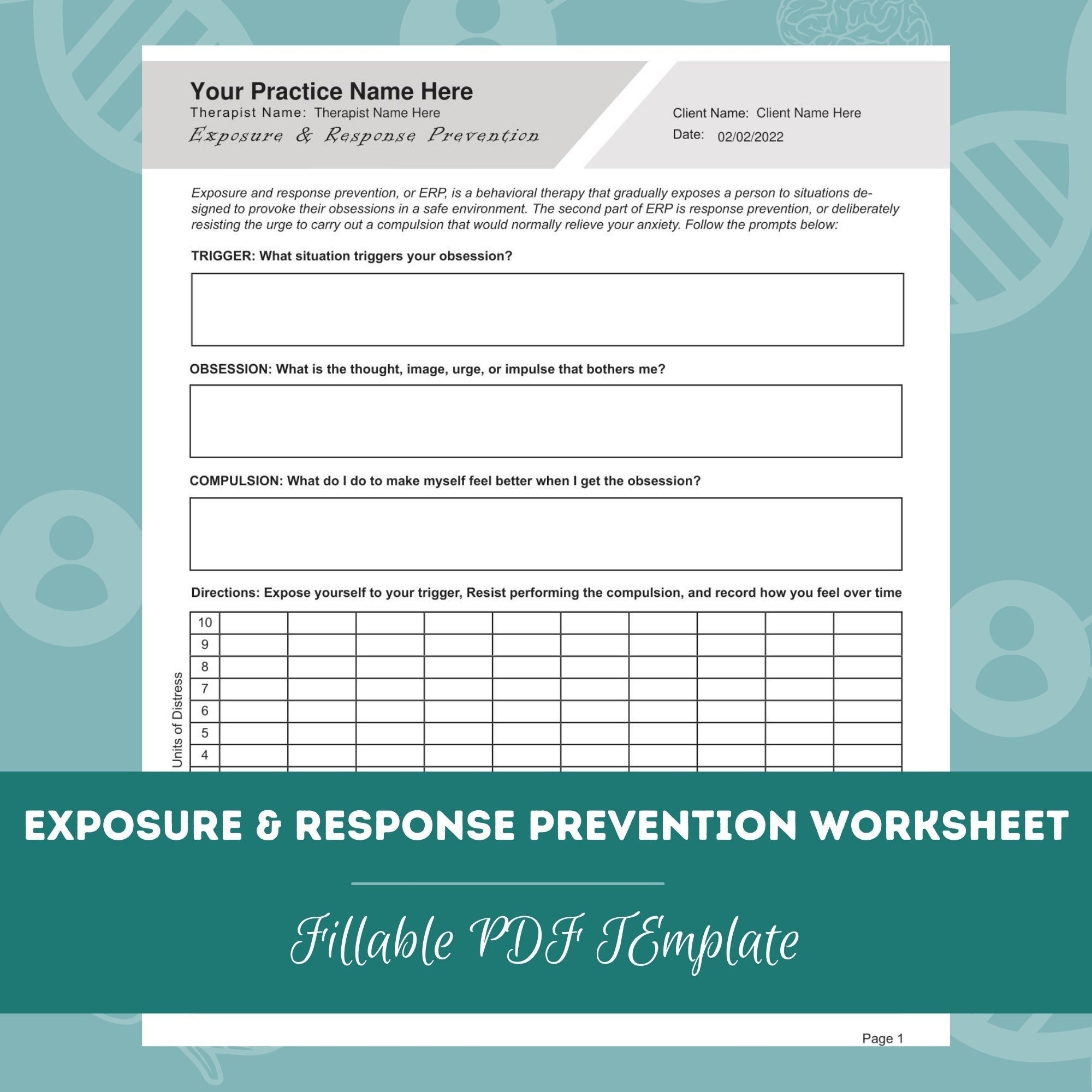 Exposure Response Prevention Worksheet Editable Fillable Printable PDF Counselors Psychologists Psychiatrists Therapists Etsy