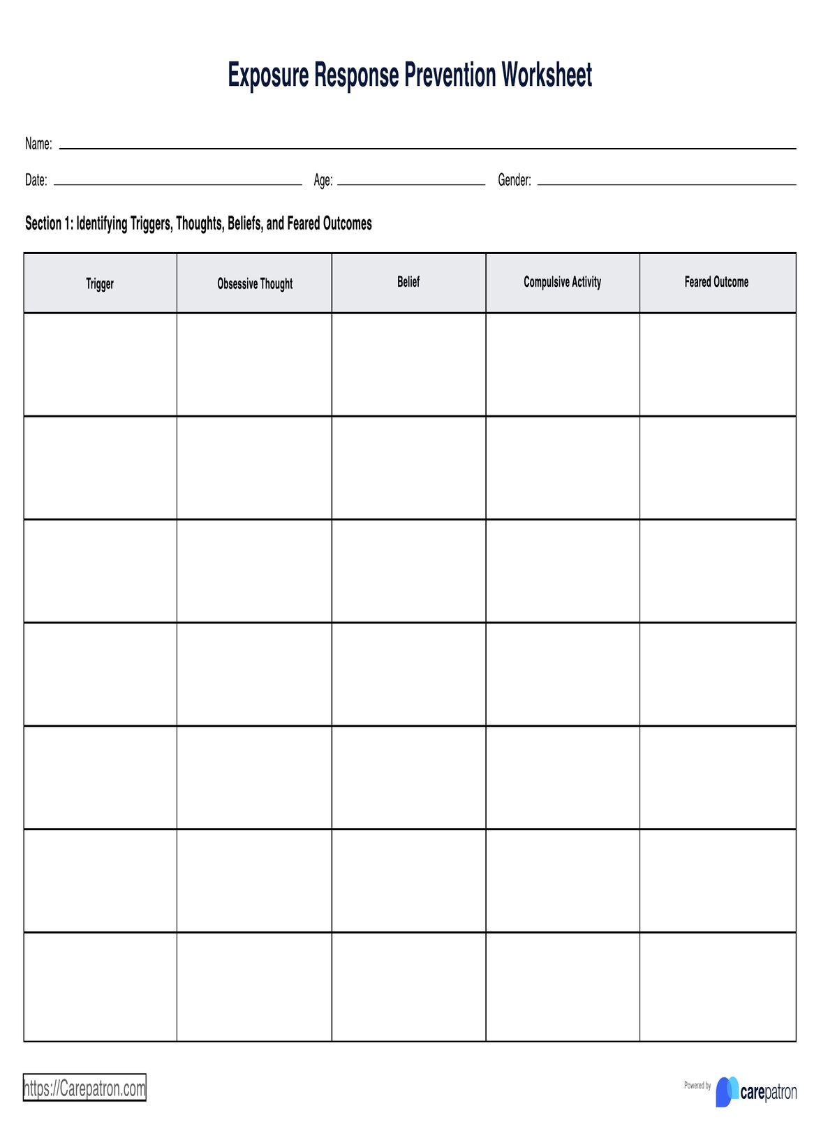 Exposure Response Prevention Worksheet