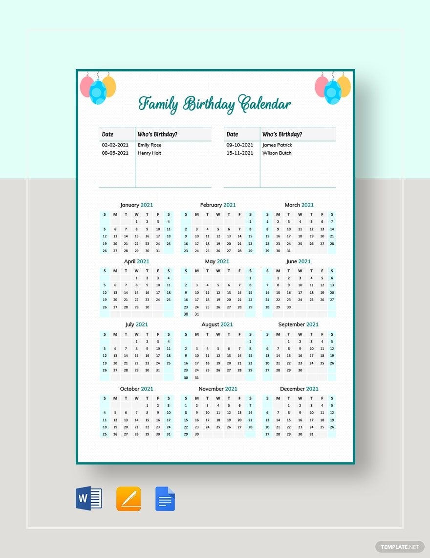 Family Birthday Calendar Template In Google Docs Word Pages Download Template