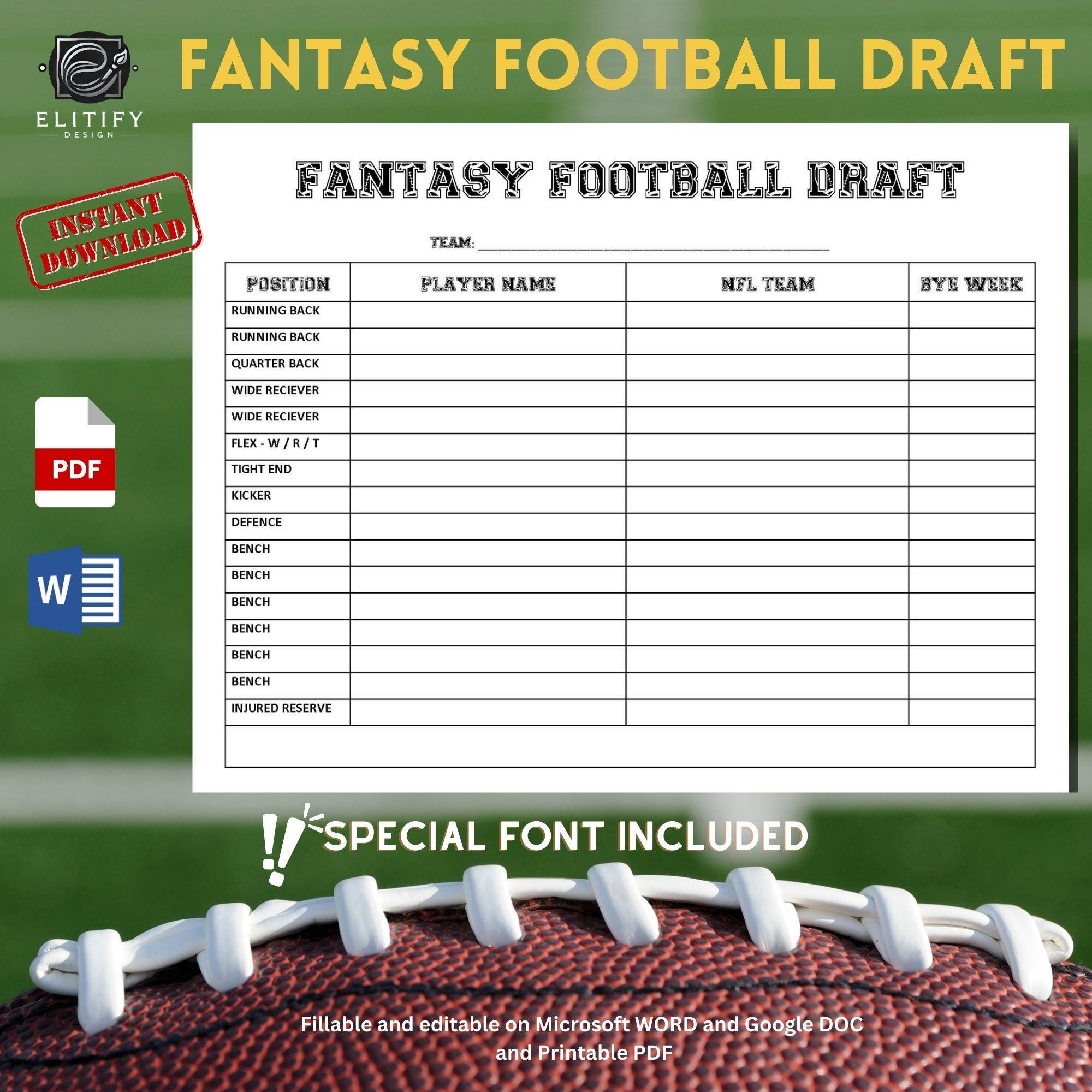 Fantasy Football Draft Roster Sheet Etsy