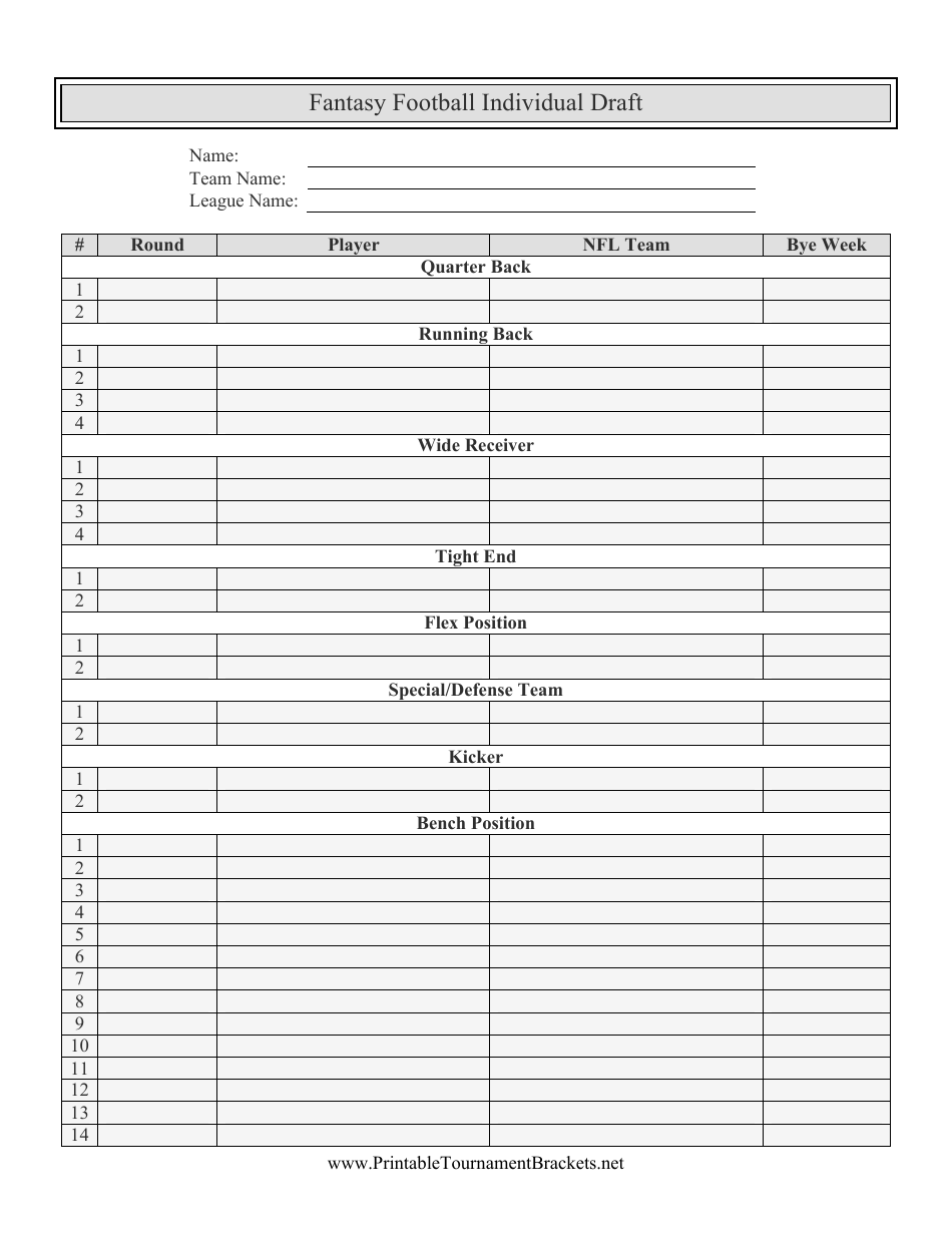 Printable Draft Sheets Fantasy Football
