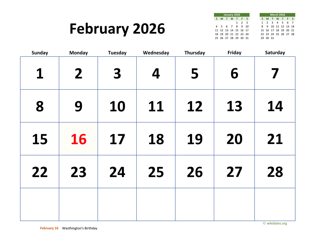 Printable February 2026 Calendar