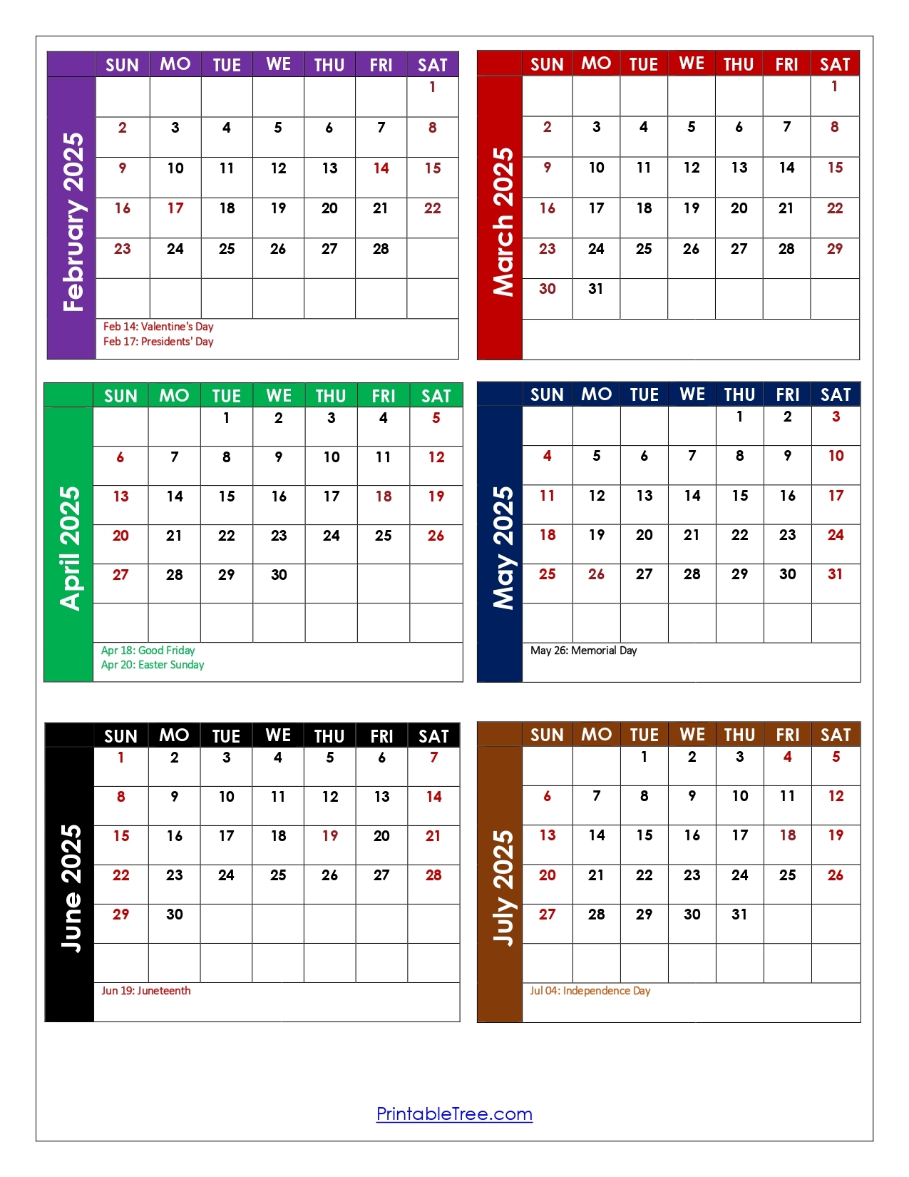 February To July 2025 Calendar Printable PDF Six Months Calendar