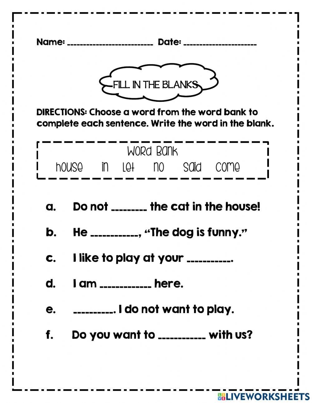 Fill In The Blank Worksheet Online Exercise For Worksheets Library