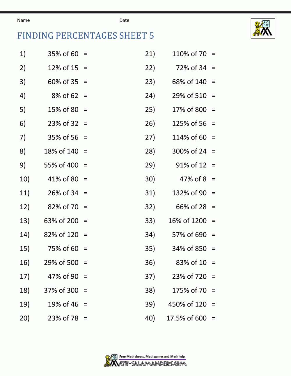 Finding Percentage Worksheets