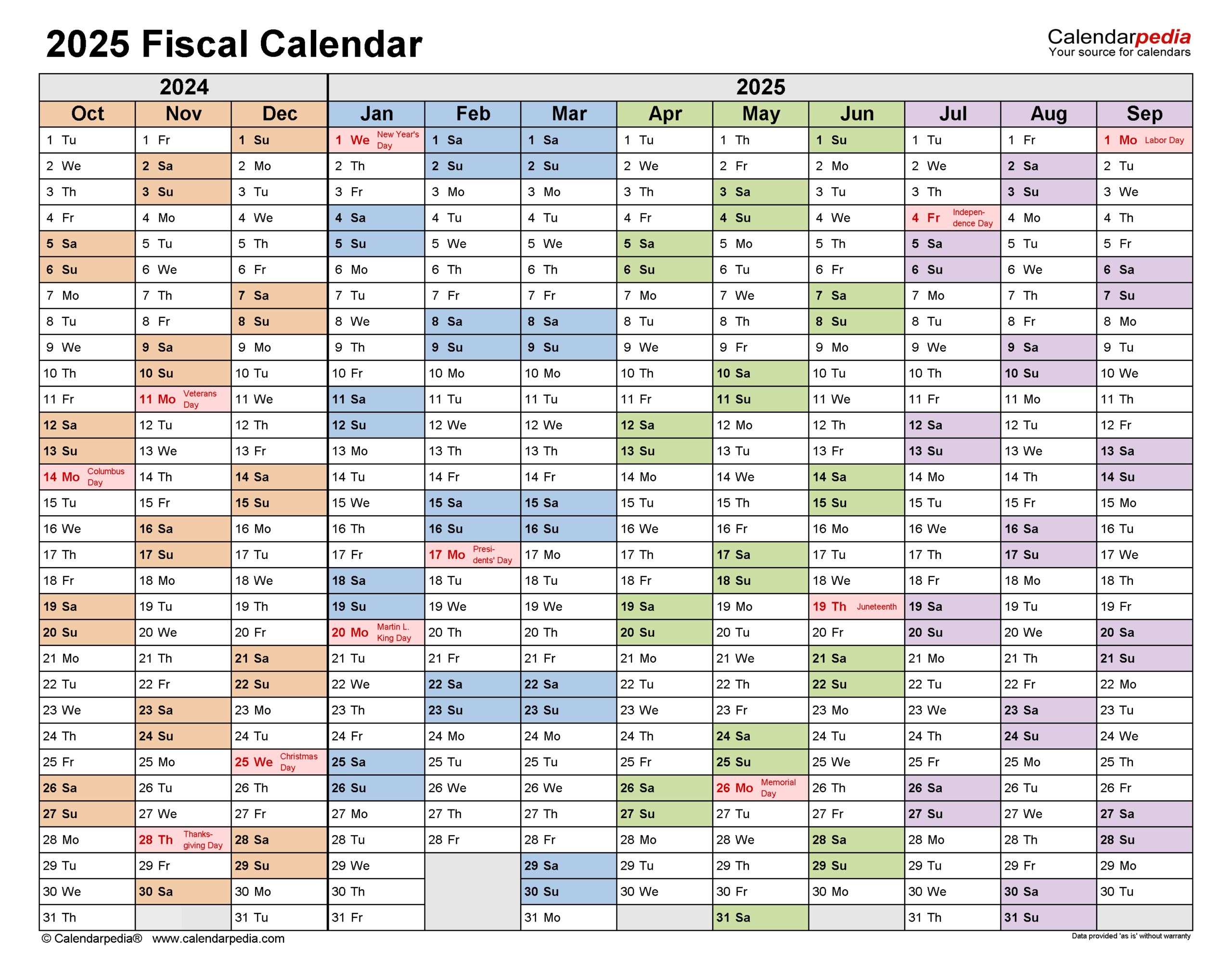 Fiscal Calendars 2025 Free Printable Word Templates