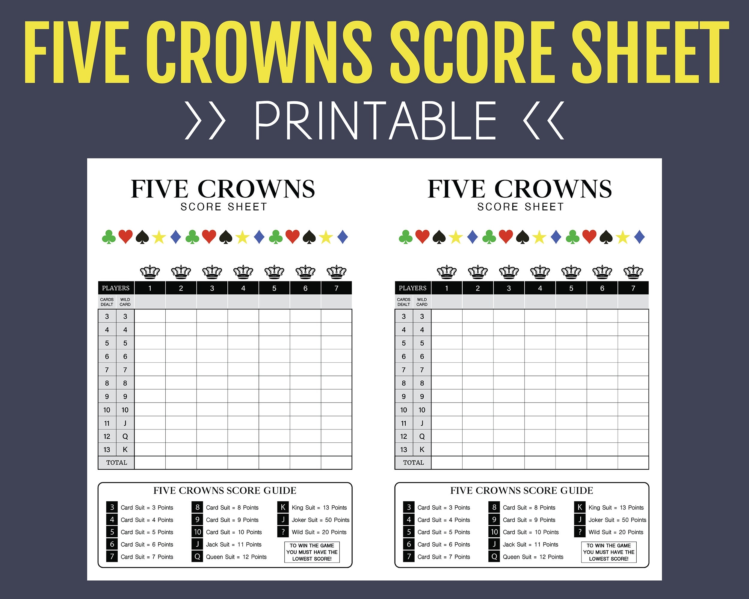 Five Crowns Score Sheet Printable Score Sheet Digital Instant Download 5 Crowns Printable File PDF 8 5