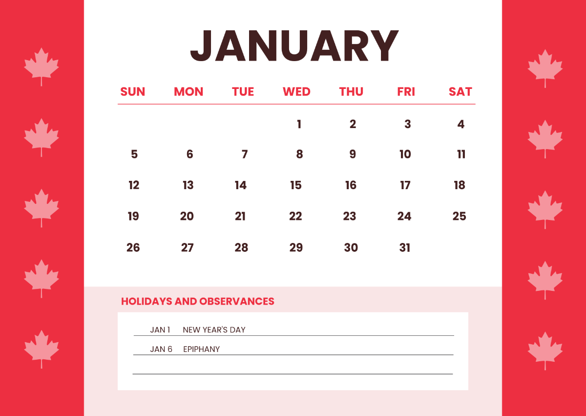 Free 2025 Canada Calendar With Holidays Template To Edit Online