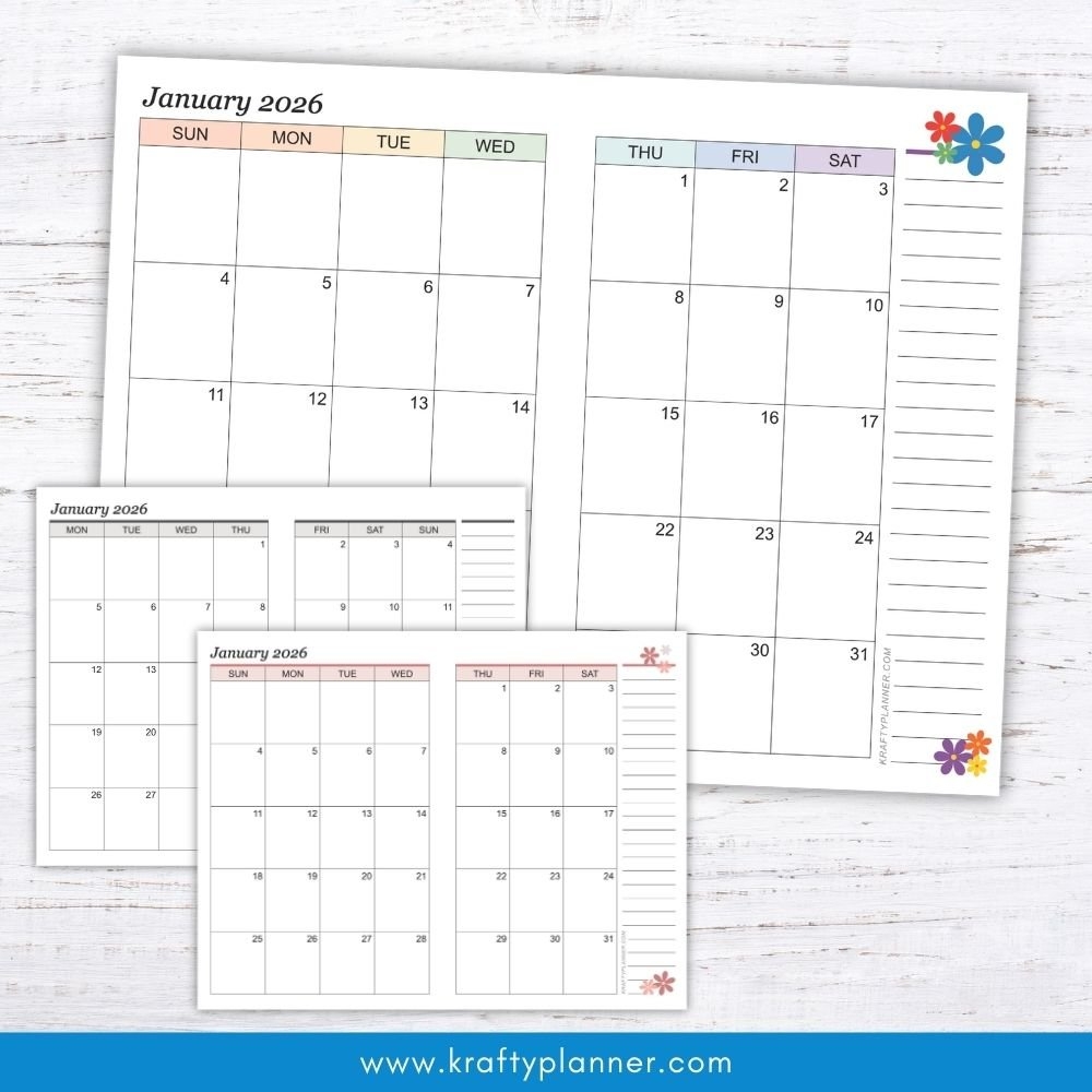 Free 2026 Calendar Half Page Version Krafty Planner