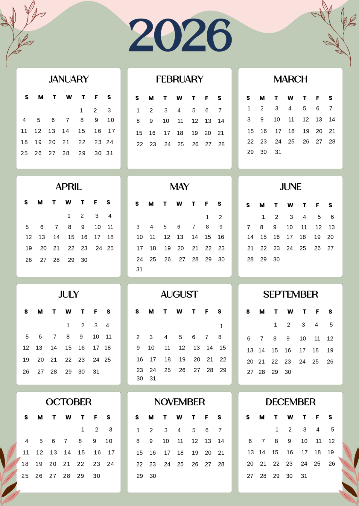 Free Printable Calendar 2026 One Page