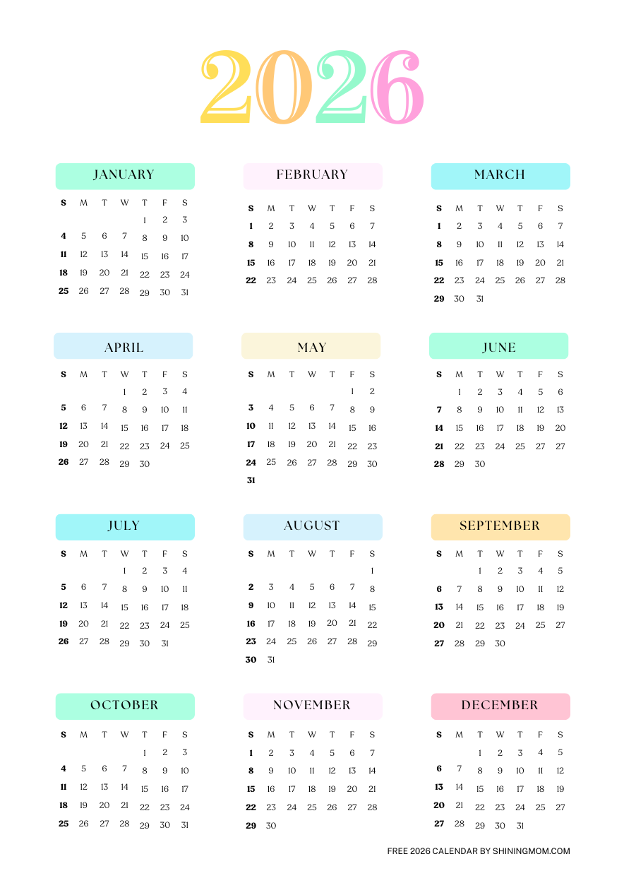 Free 2026 Yearly Calendar Printables Best One Page Templates 