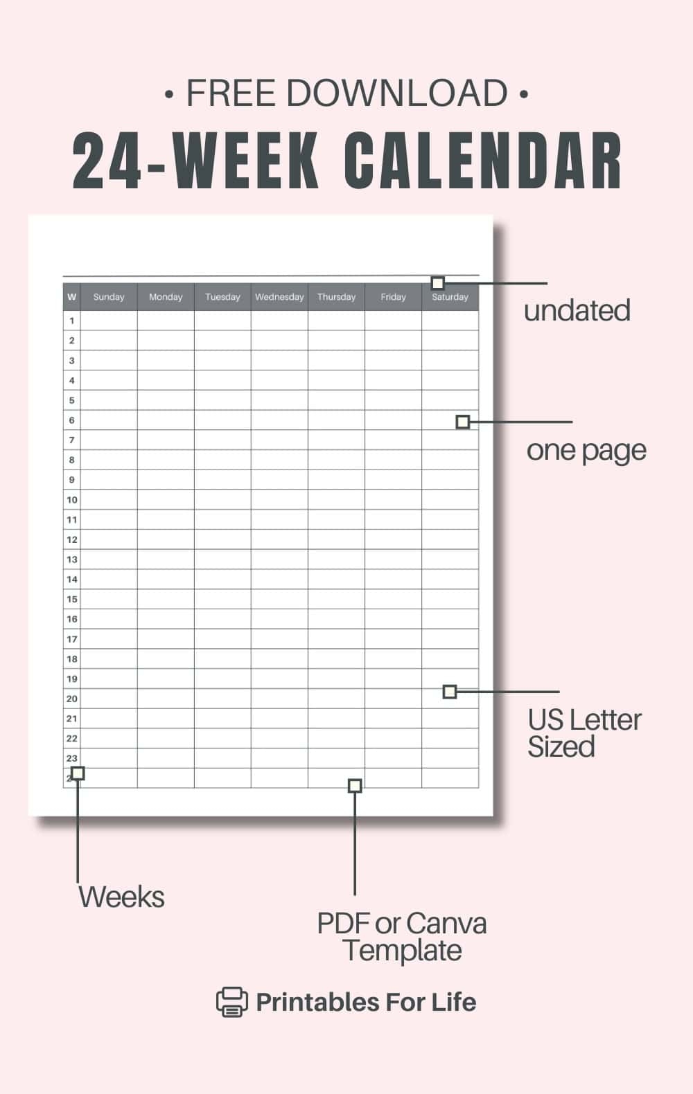 Free 24 Week Calendar Printable PDF