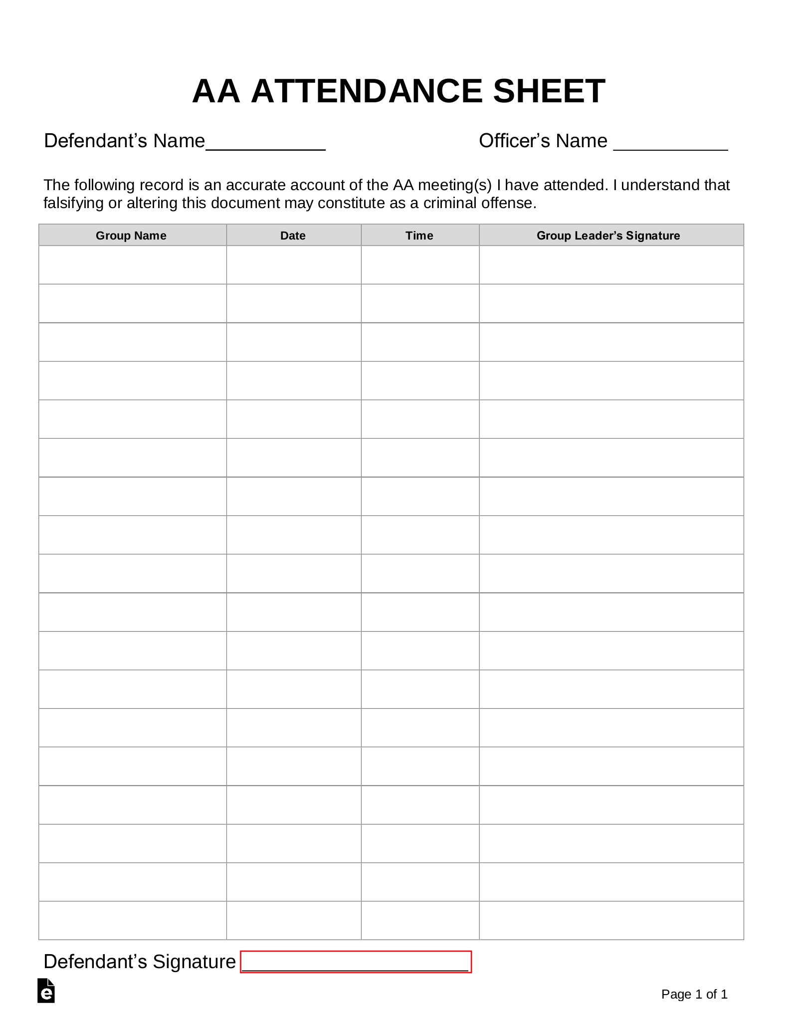 Free Alcoholics Anonymous AA Sign in Attendance Sheet Template PDF Word EForms