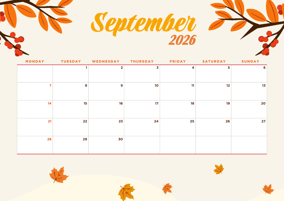 Free Autumn September 2026 Design Calendar Template To Edit Online
