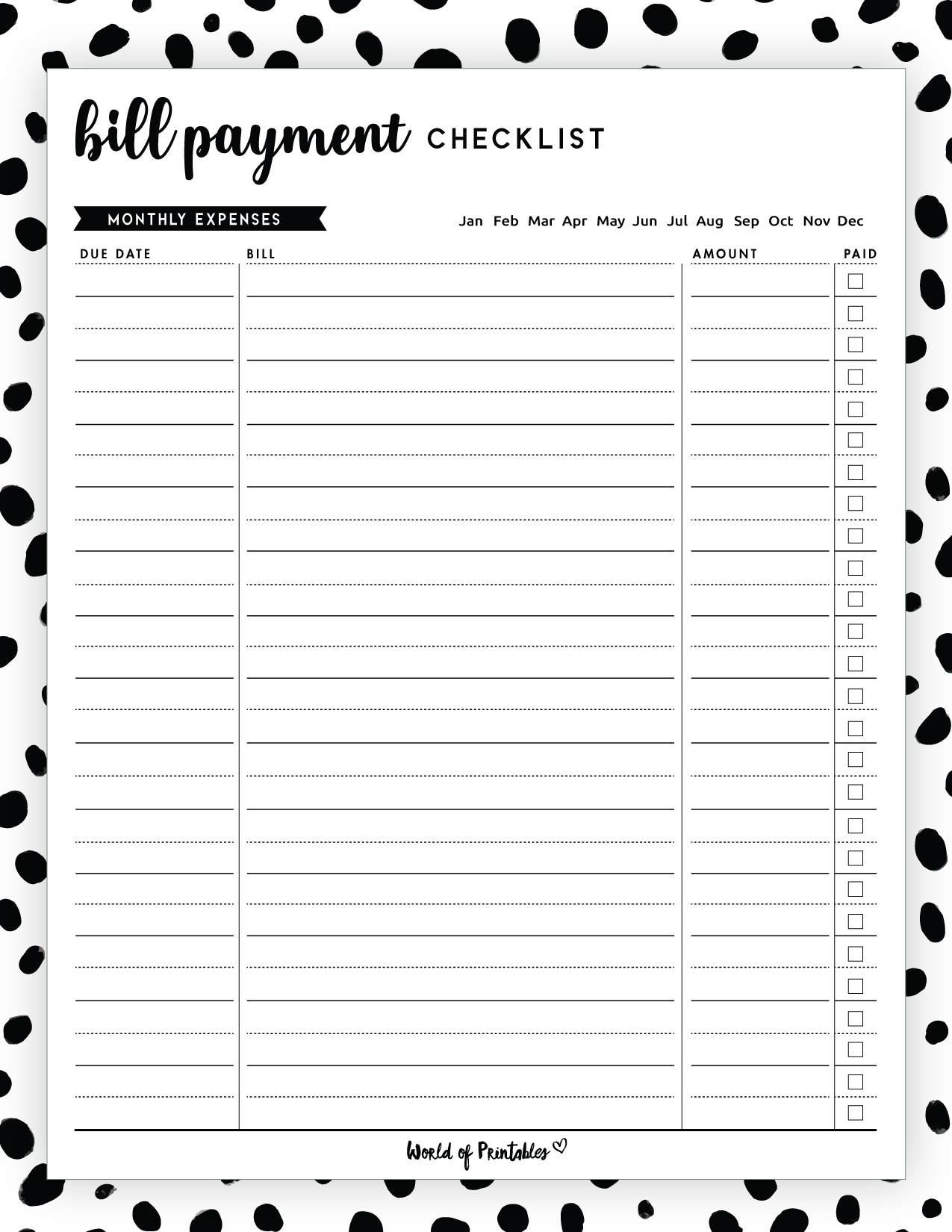Free Bill Payment Checklist PDF World Of Printables