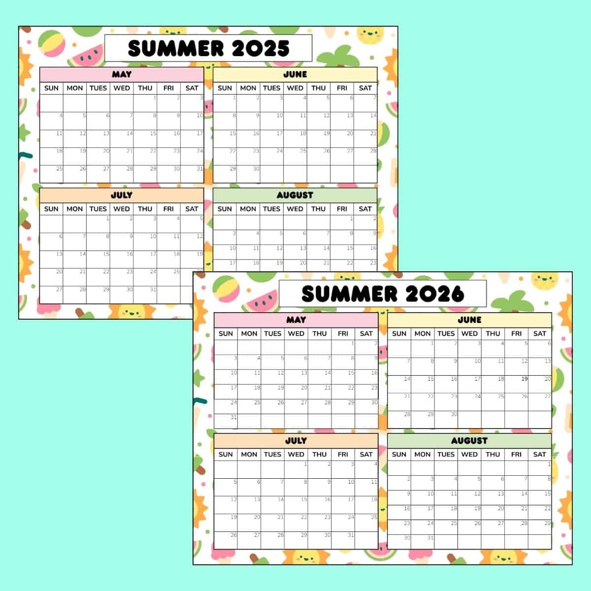 Free Cute Summer 2026 Calendar Printable PDF