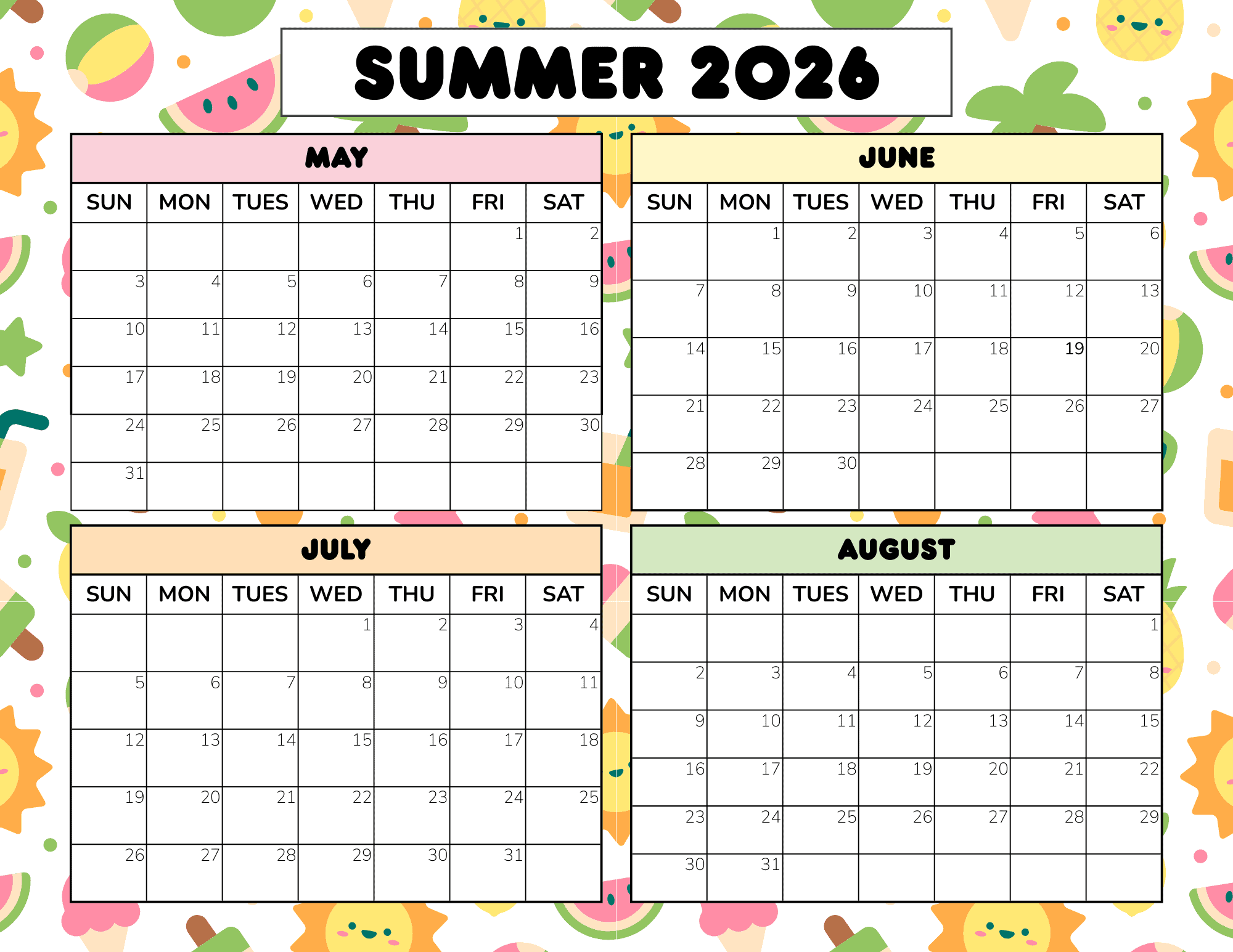 Free Cute Summer 2026 Calendar Printable PDF